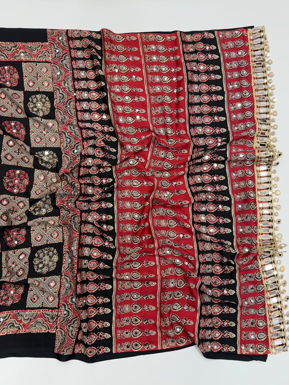 Adorable Function Wear Pure Satin Silk Ajrak Printed Rich Pallu n Mirror Work Saree With Blouse Piece