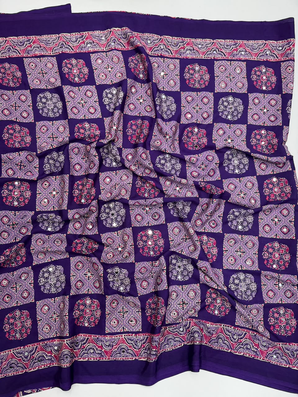 Adorable Function Wear Pure Satin Silk Ajrak Printed Rich Pallu n Mirror Work Saree With Blouse Piece