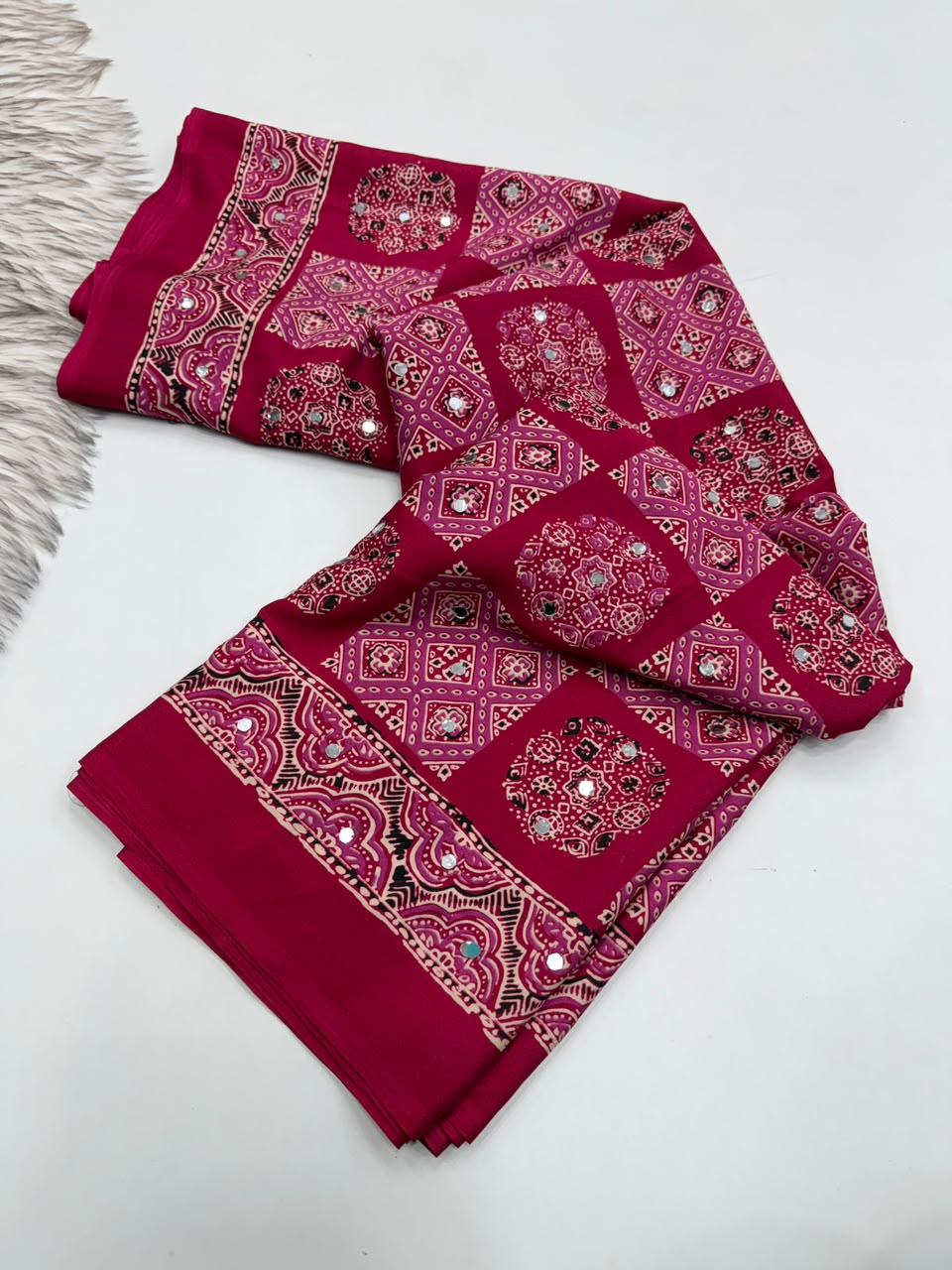 Adorable Function Wear Pure Satin Silk Ajrak Printed Rich Pallu n Mirror Work Saree With Blouse Piece