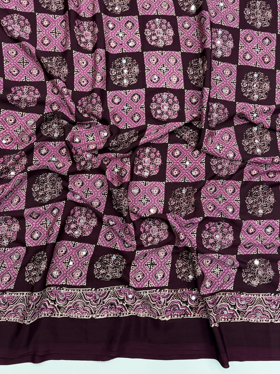 Adorable Function Wear Pure Satin Silk Ajrak Printed Rich Pallu n Mirror Work Saree With Blouse Piece