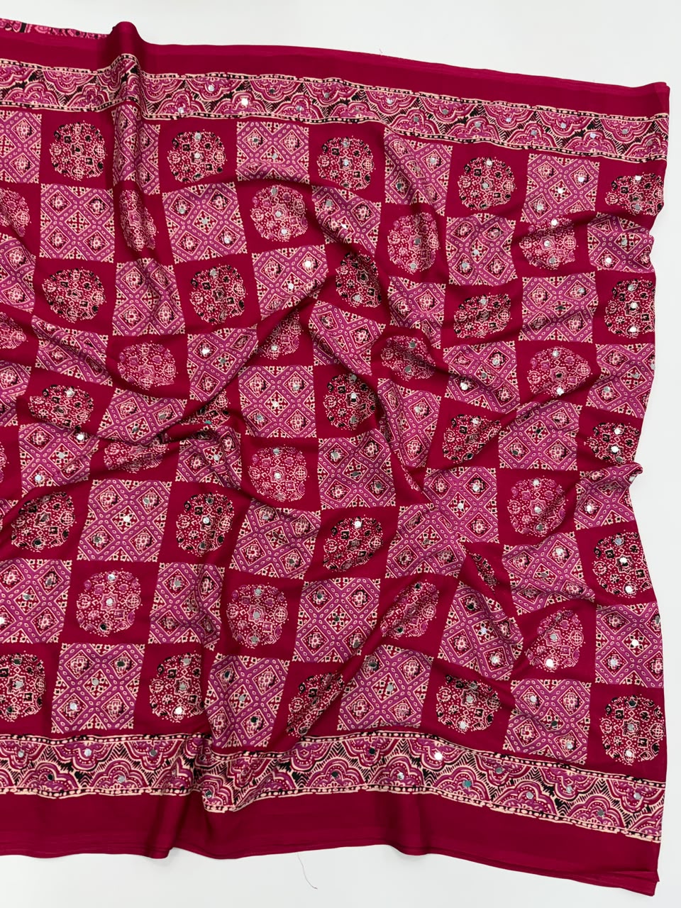 Adorable Function Wear Pure Satin Silk Ajrak Printed Rich Pallu n Mirror Work Saree With Blouse Piece