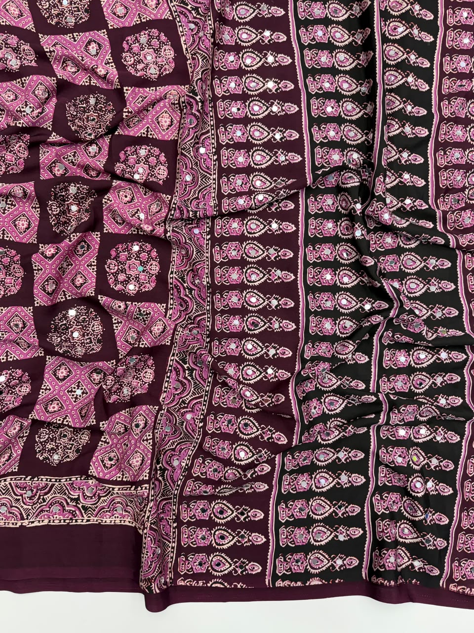 Adorable Function Wear Pure Satin Silk Ajrak Printed Rich Pallu n Mirror Work Saree With Blouse Piece