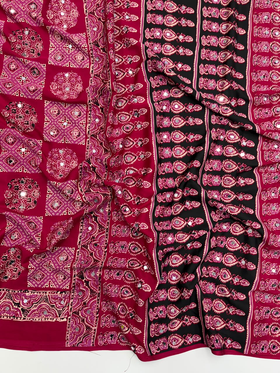 Adorable Function Wear Pure Satin Silk Ajrak Printed Rich Pallu n Mirror Work Saree With Blouse Piece