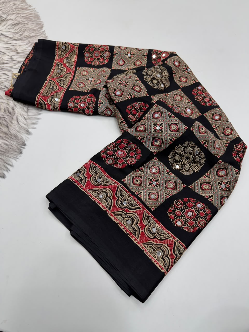 Adorable Function Wear Pure Satin Silk Ajrak Printed Rich Pallu n Mirror Work Saree With Blouse Piece