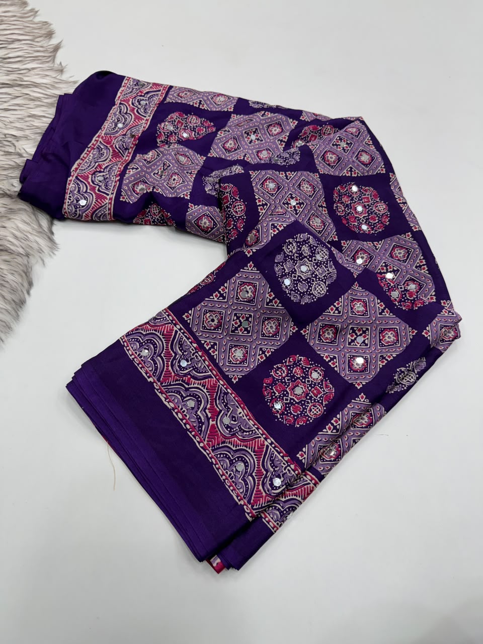 Adorable Function Wear Pure Satin Silk Ajrak Printed Rich Pallu n Mirror Work Saree With Blouse Piece