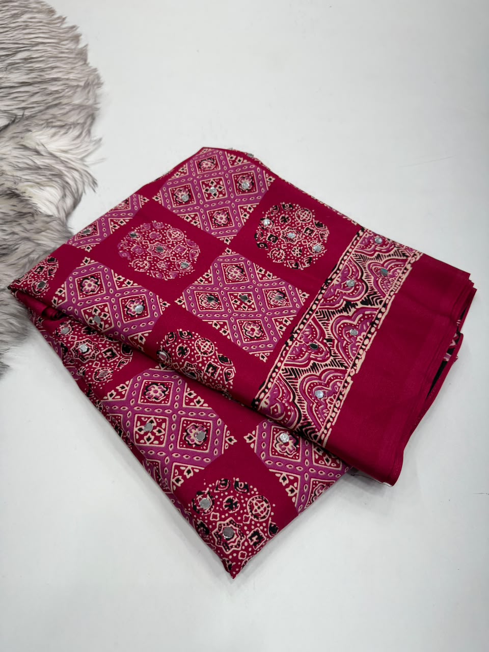 Adorable Function Wear Pure Satin Silk Ajrak Printed Rich Pallu n Mirror Work Saree With Blouse Piece
