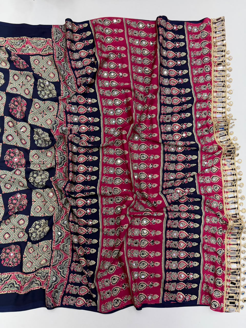 Adorable Function Wear Pure Satin Silk Ajrak Printed Rich Pallu n Mirror Work Saree With Blouse Piece