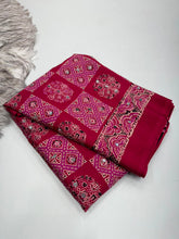 Load image into Gallery viewer, Adorable Function Wear Pure Satin Silk Ajrak Printed Rich Pallu n Mirror Work Saree With Blouse Piece
