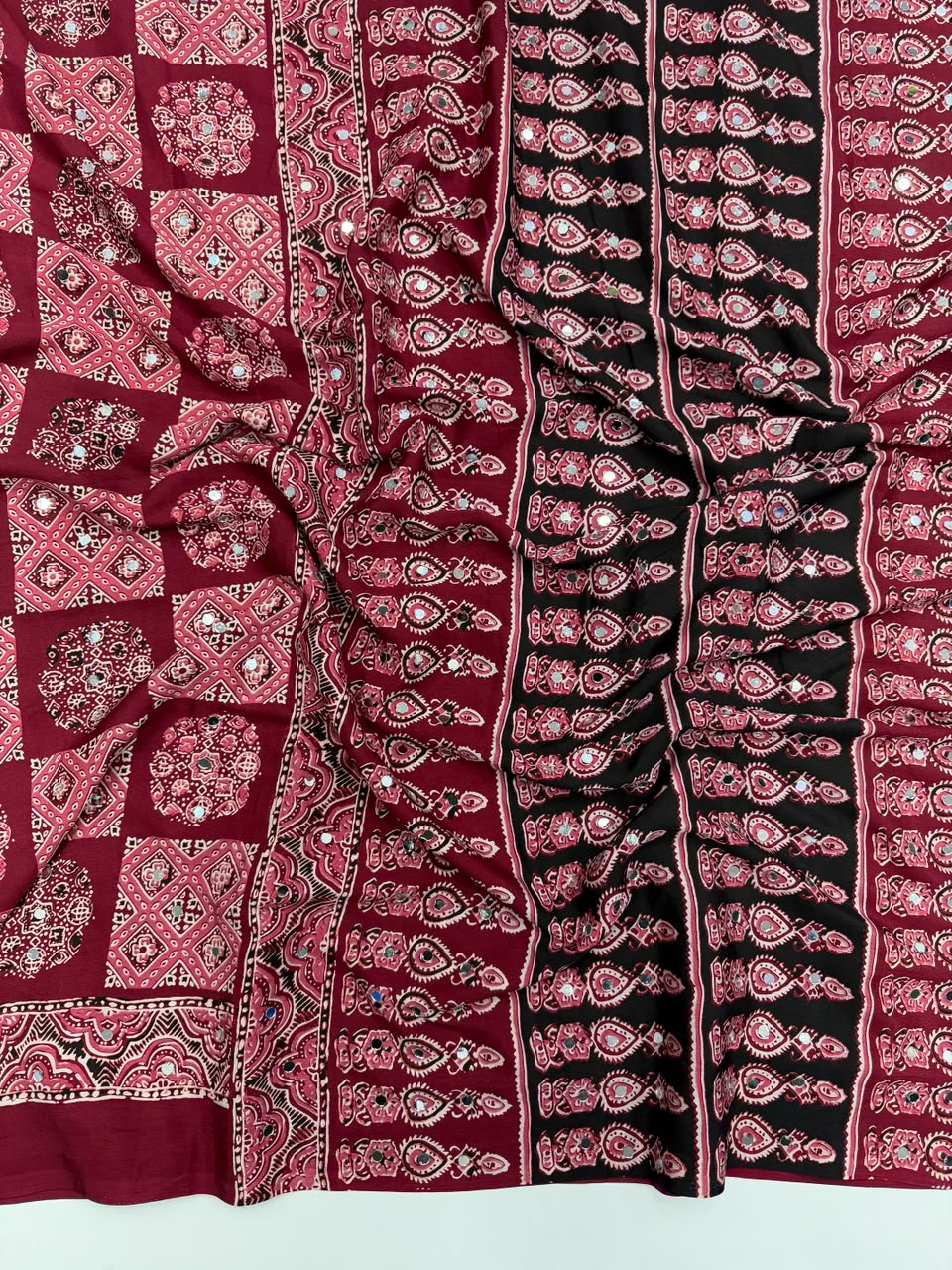 Adorable Function Wear Pure Satin Silk Ajrak Printed Rich Pallu n Mirror Work Saree With Blouse Piece