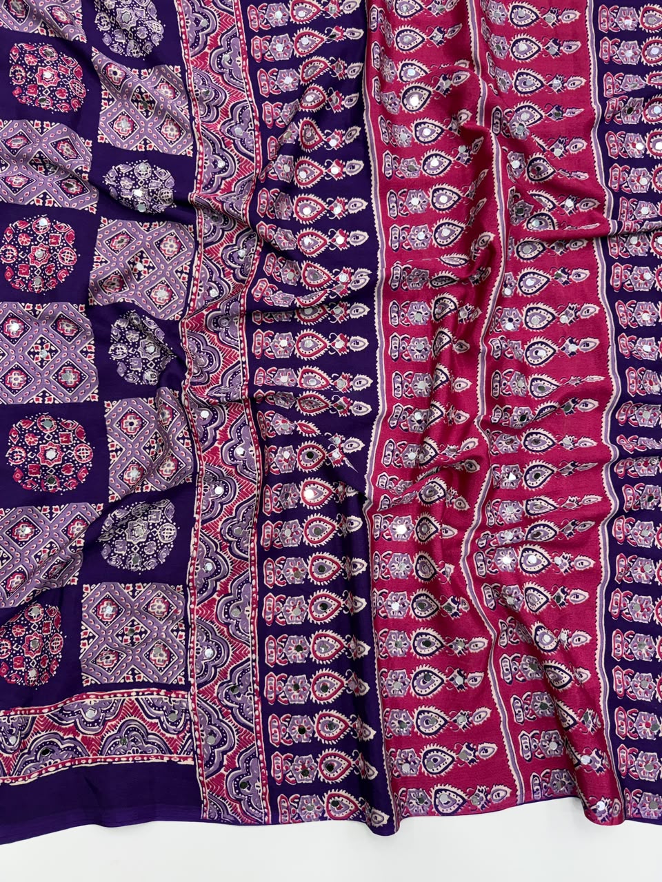 Adorable Function Wear Pure Satin Silk Ajrak Printed Rich Pallu n Mirror Work Saree With Blouse Piece
