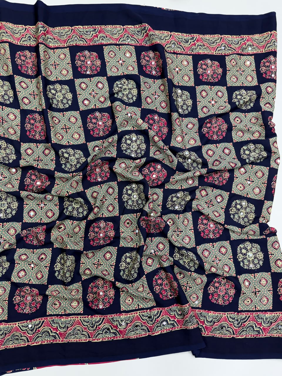 Adorable Function Wear Pure Satin Silk Ajrak Printed Rich Pallu n Mirror Work Saree With Blouse Piece