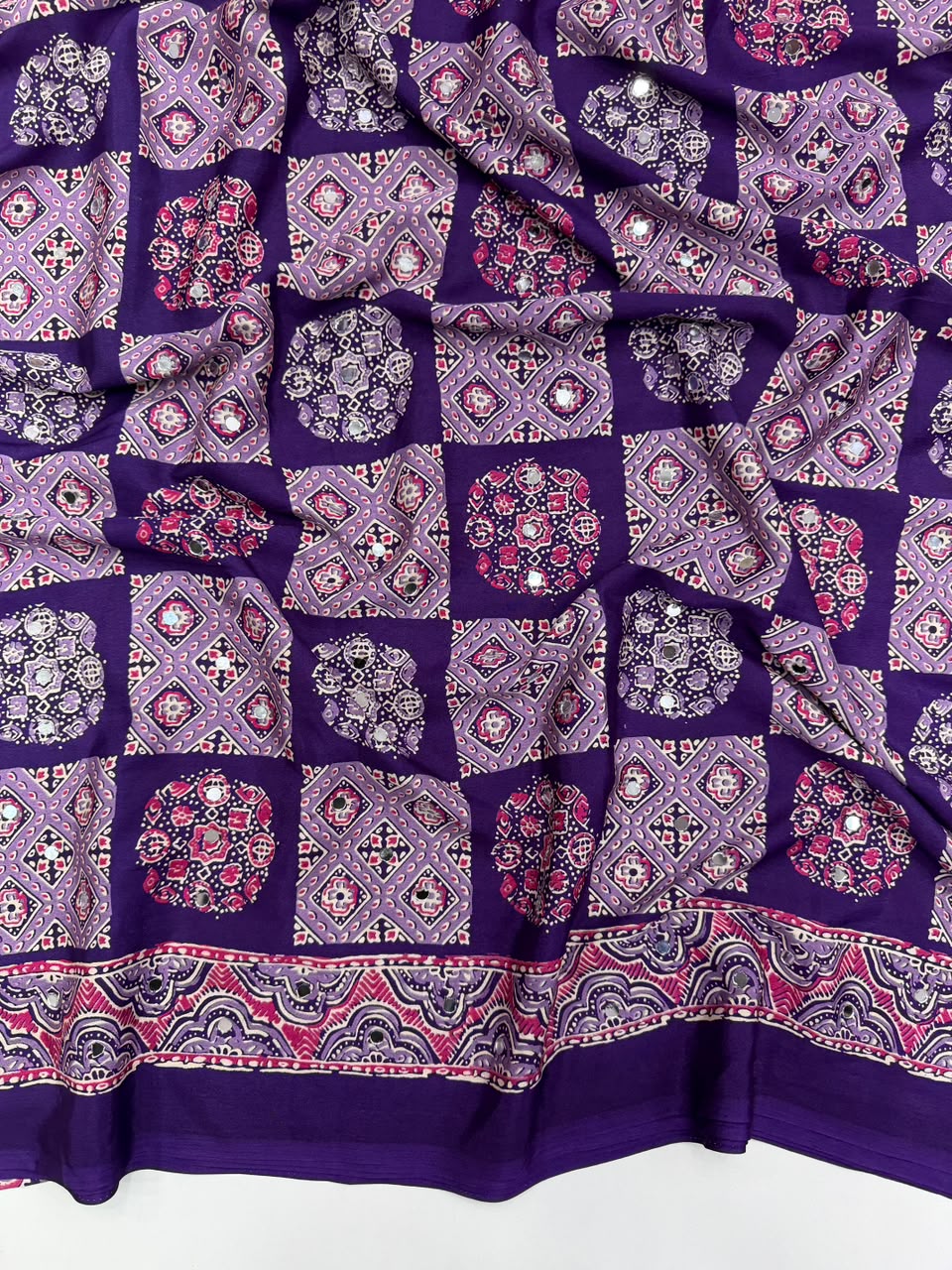 Adorable Function Wear Pure Satin Silk Ajrak Printed Rich Pallu n Mirror Work Saree With Blouse Piece