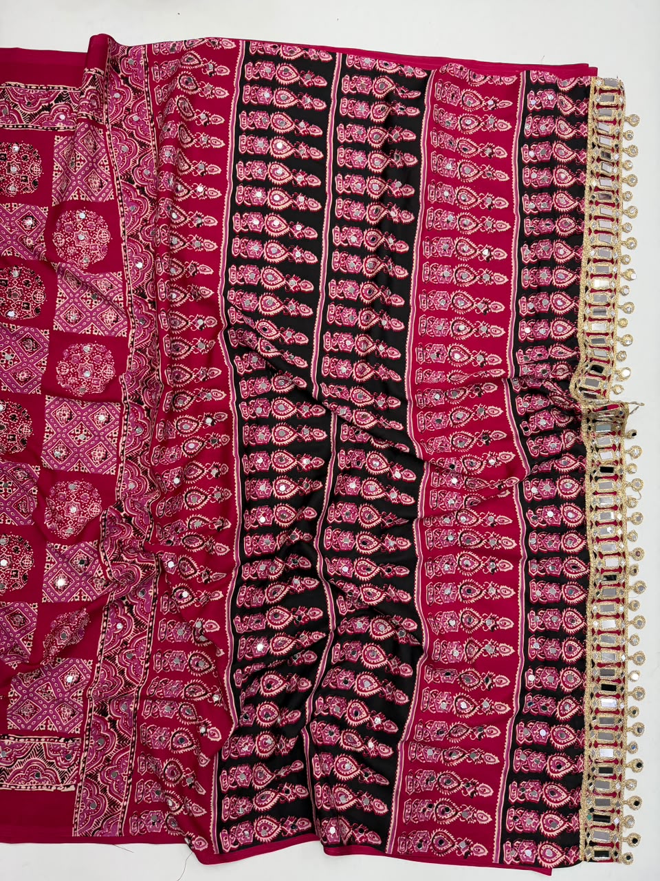 Adorable Function Wear Pure Satin Silk Ajrak Printed Rich Pallu n Mirror Work Saree With Blouse Piece