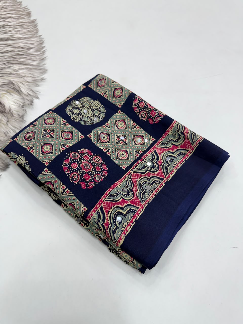Adorable Function Wear Pure Satin Silk Ajrak Printed Rich Pallu n Mirror Work Saree With Blouse Piece