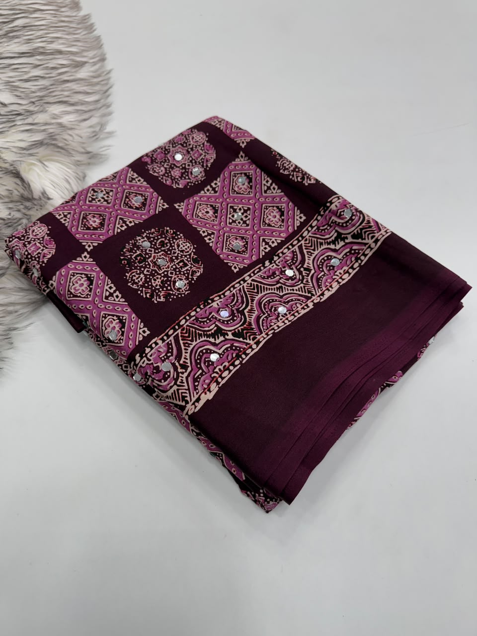 Adorable Function Wear Pure Satin Silk Ajrak Printed Rich Pallu n Mirror Work Saree With Blouse Piece