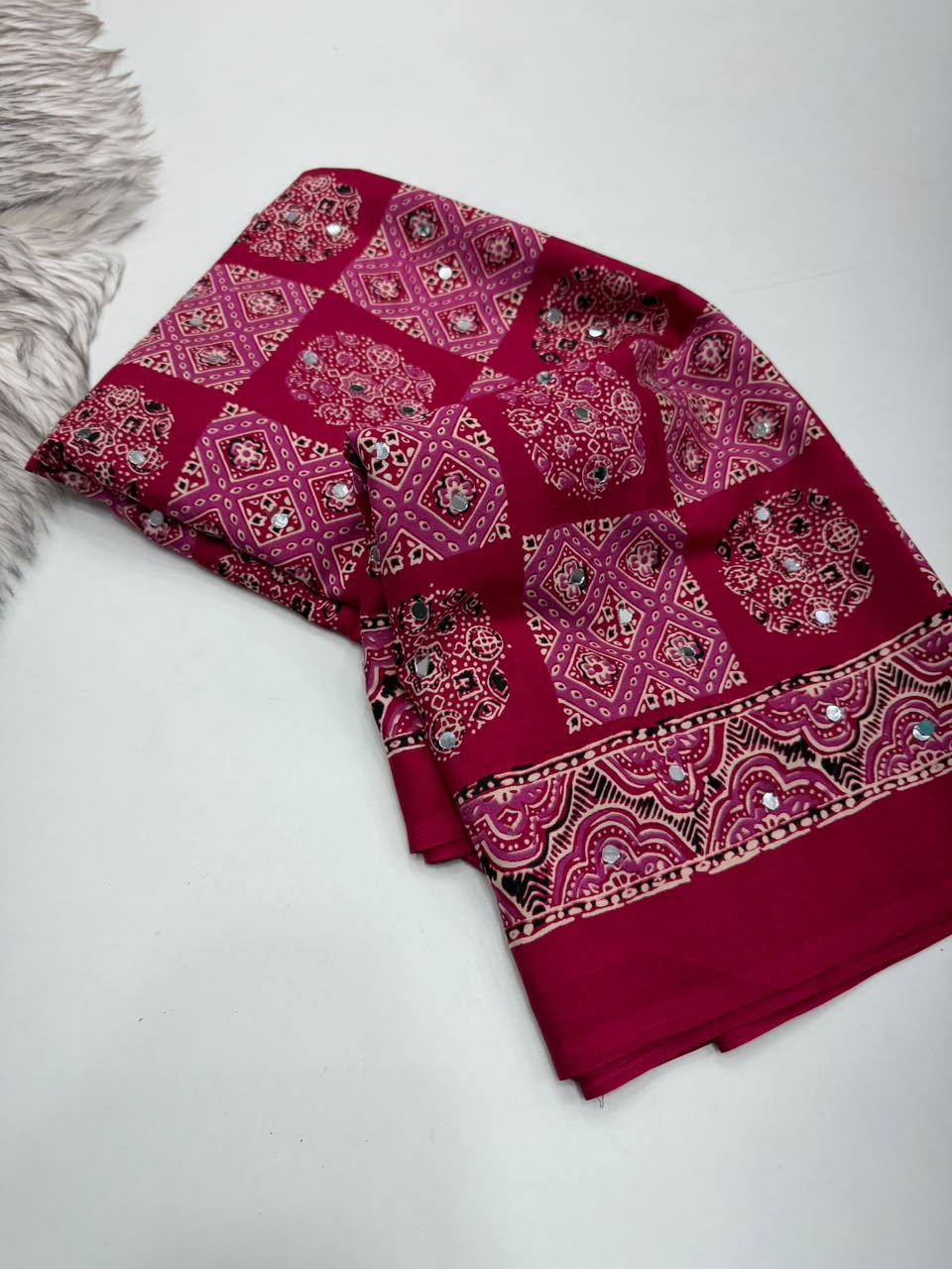 Adorable Function Wear Pure Satin Silk Ajrak Printed Rich Pallu n Mirror Work Saree With Blouse Piece