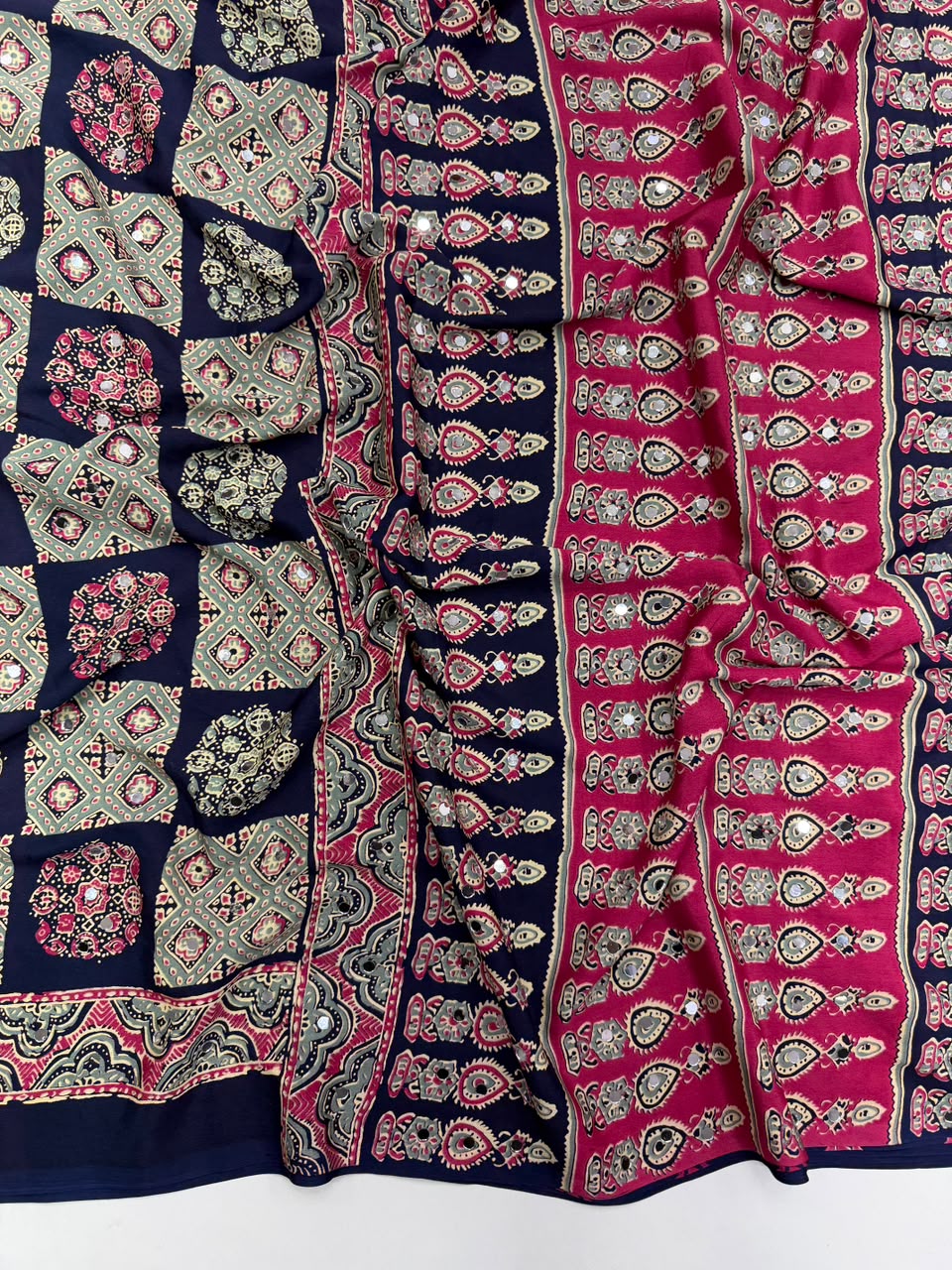 Adorable Function Wear Pure Satin Silk Ajrak Printed Rich Pallu n Mirror Work Saree With Blouse Piece