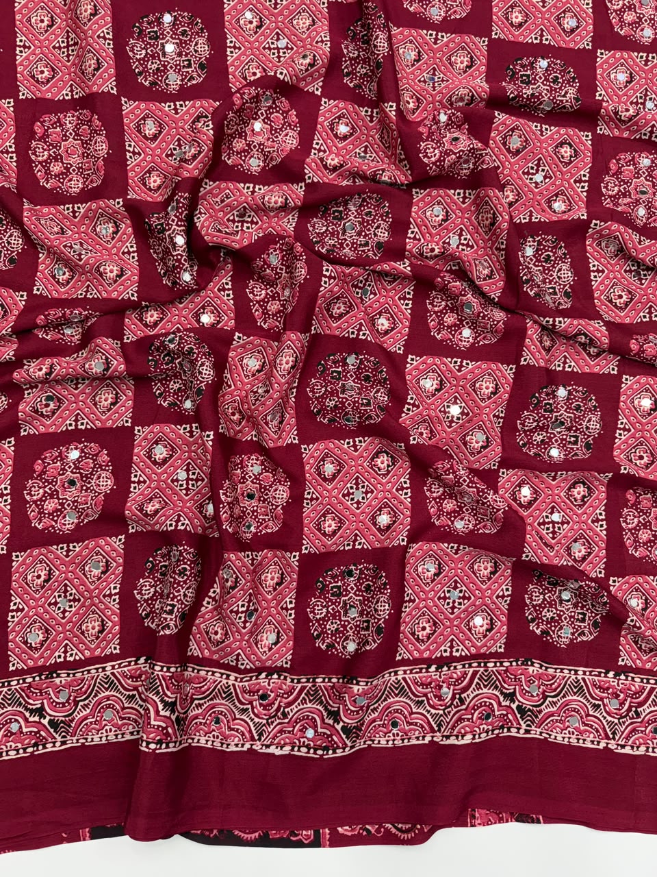 Adorable Function Wear Pure Satin Silk Ajrak Printed Rich Pallu n Mirror Work Saree With Blouse Piece