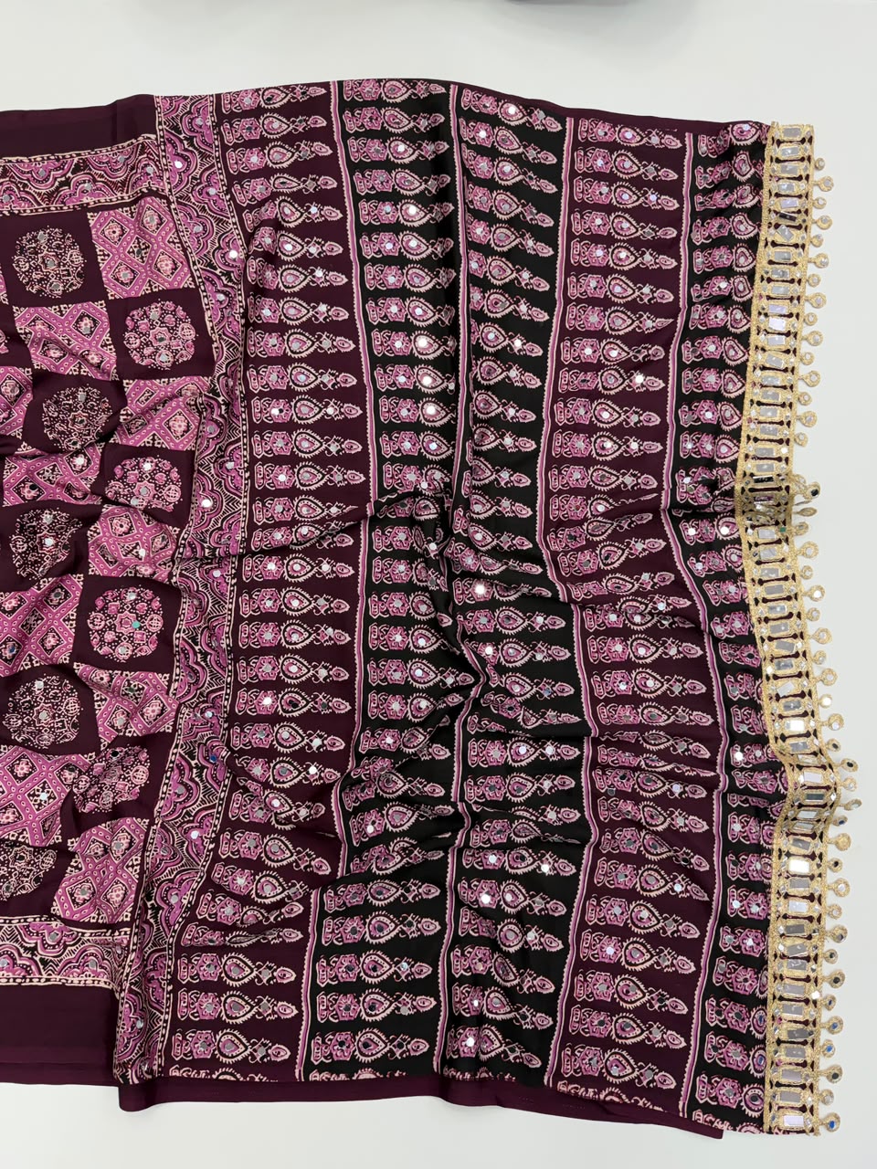 Adorable Function Wear Pure Satin Silk Ajrak Printed Rich Pallu n Mirror Work Saree With Blouse Piece