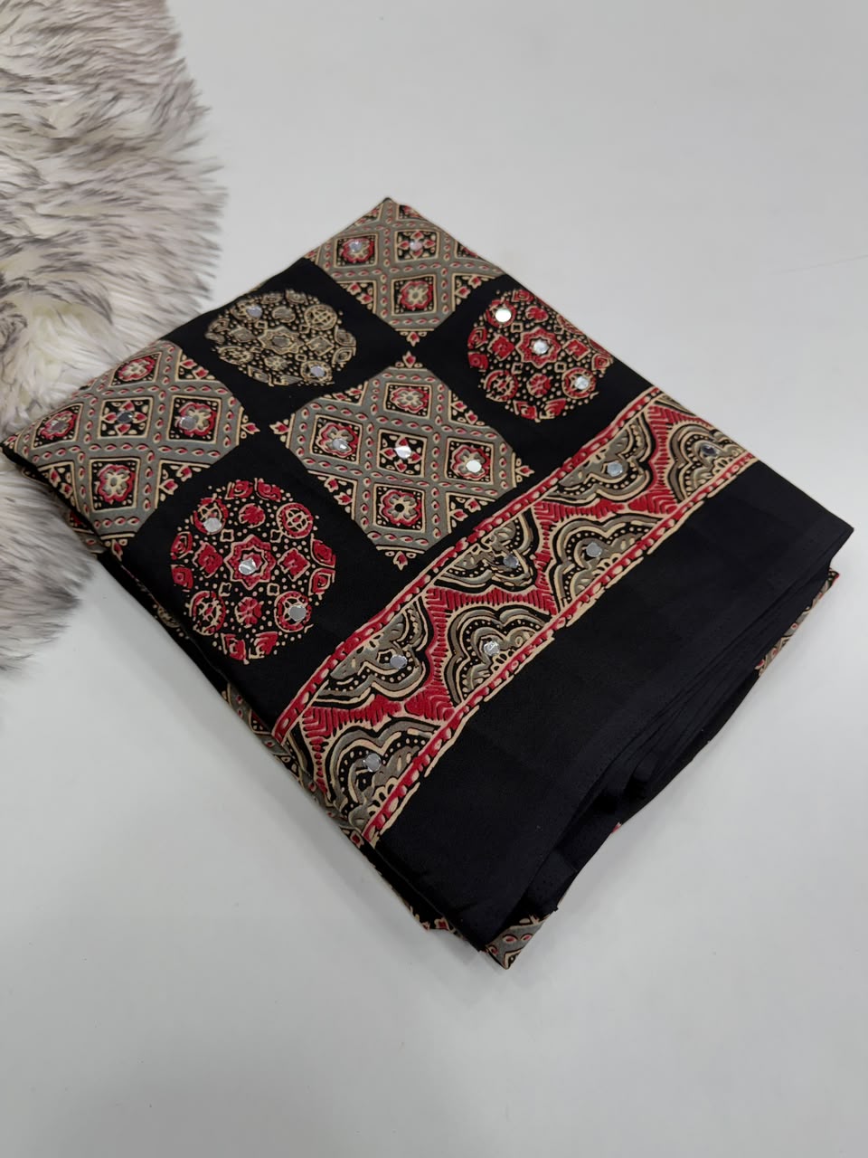 Adorable Function Wear Pure Satin Silk Ajrak Printed Rich Pallu n Mirror Work Saree With Blouse Piece