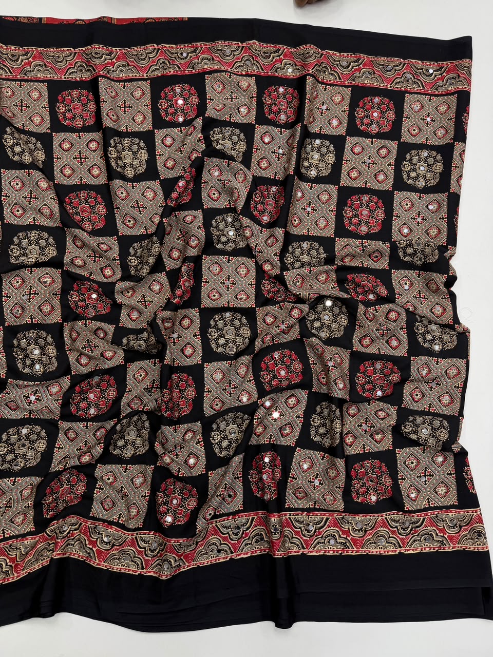 Adorable Function Wear Pure Satin Silk Ajrak Printed Rich Pallu n Mirror Work Saree With Blouse Piece