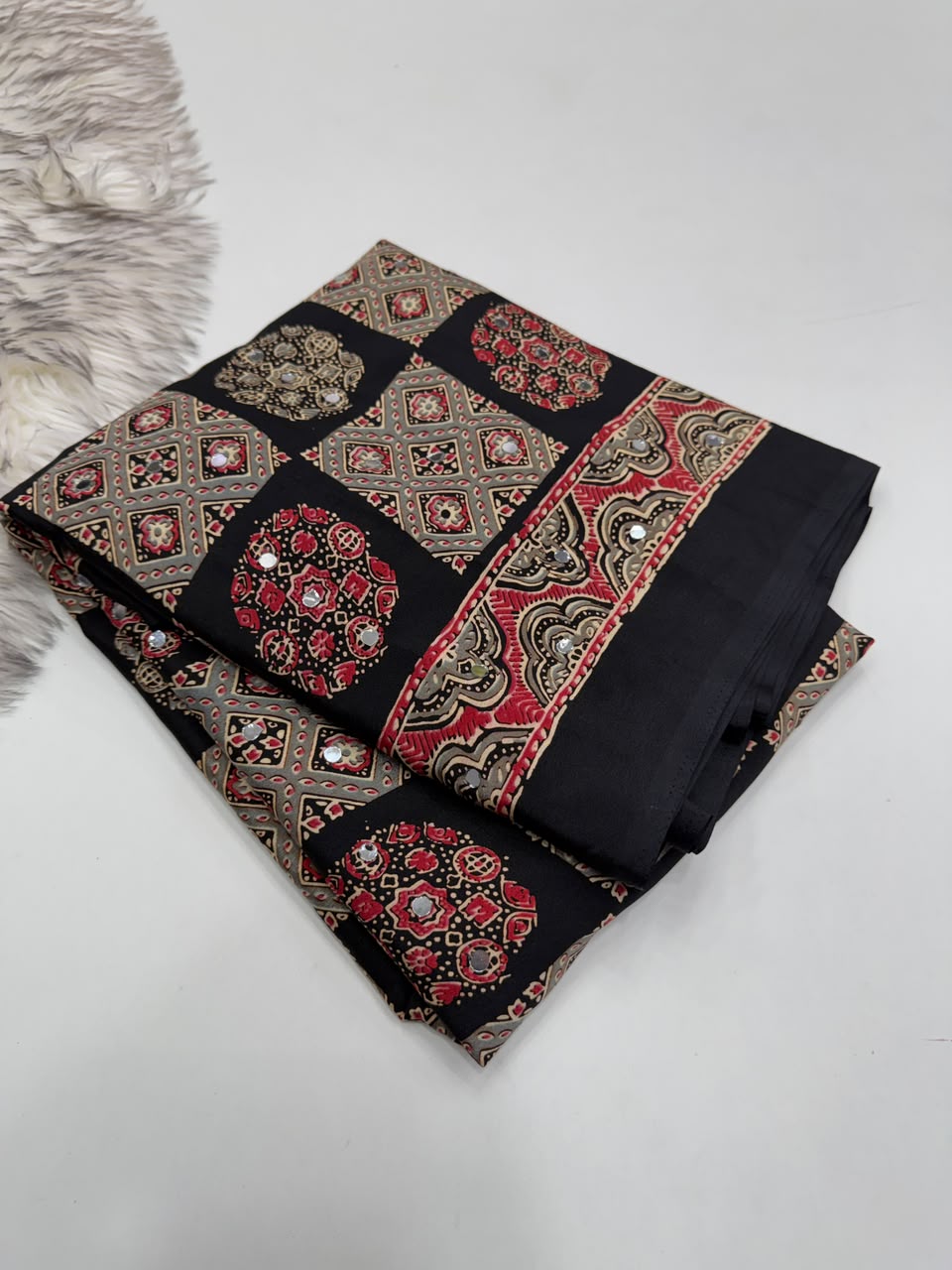 Adorable Function Wear Pure Satin Silk Ajrak Printed Rich Pallu n Mirror Work Saree With Blouse Piece