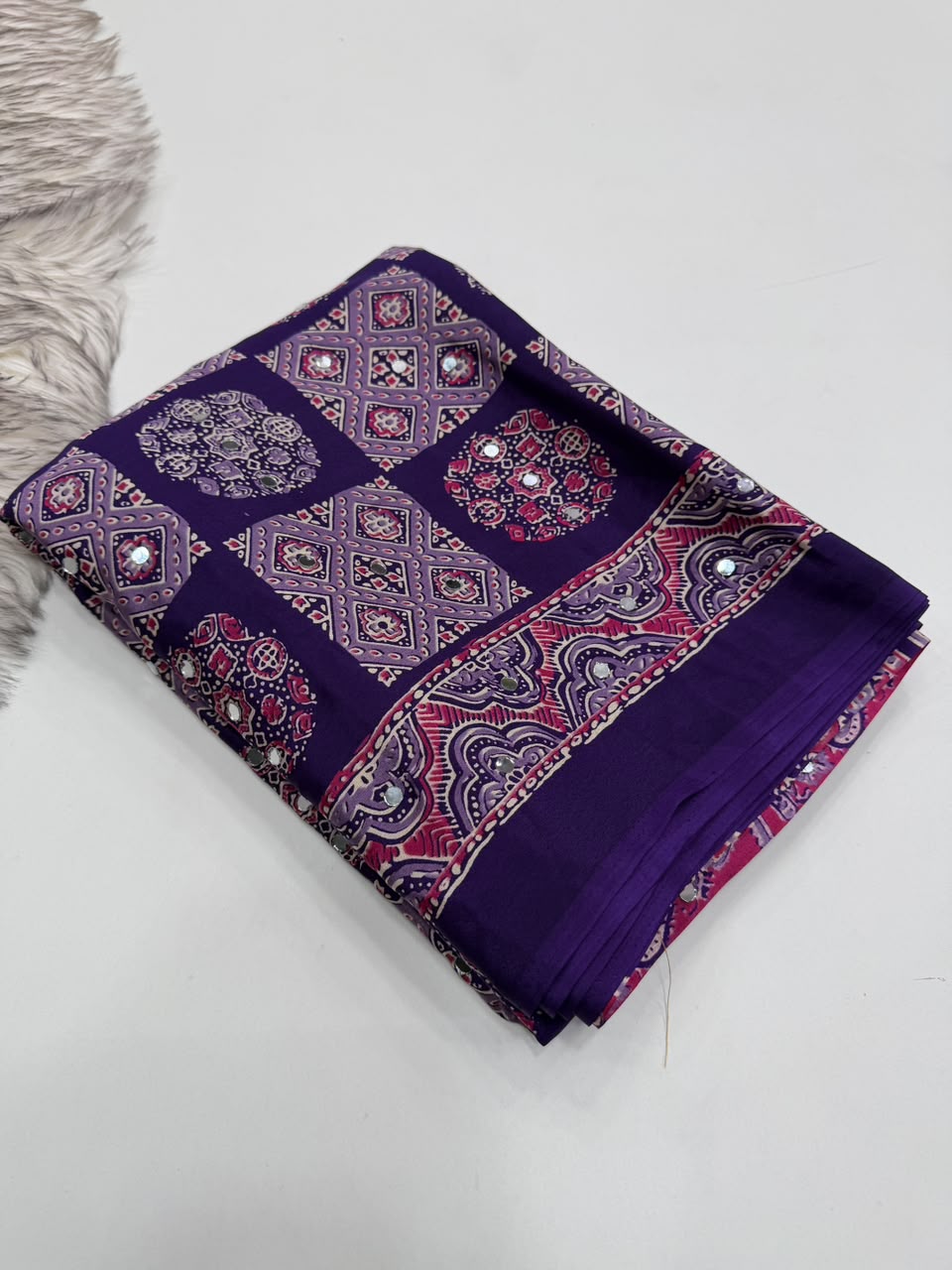 Adorable Function Wear Pure Satin Silk Ajrak Printed Rich Pallu n Mirror Work Saree With Blouse Piece