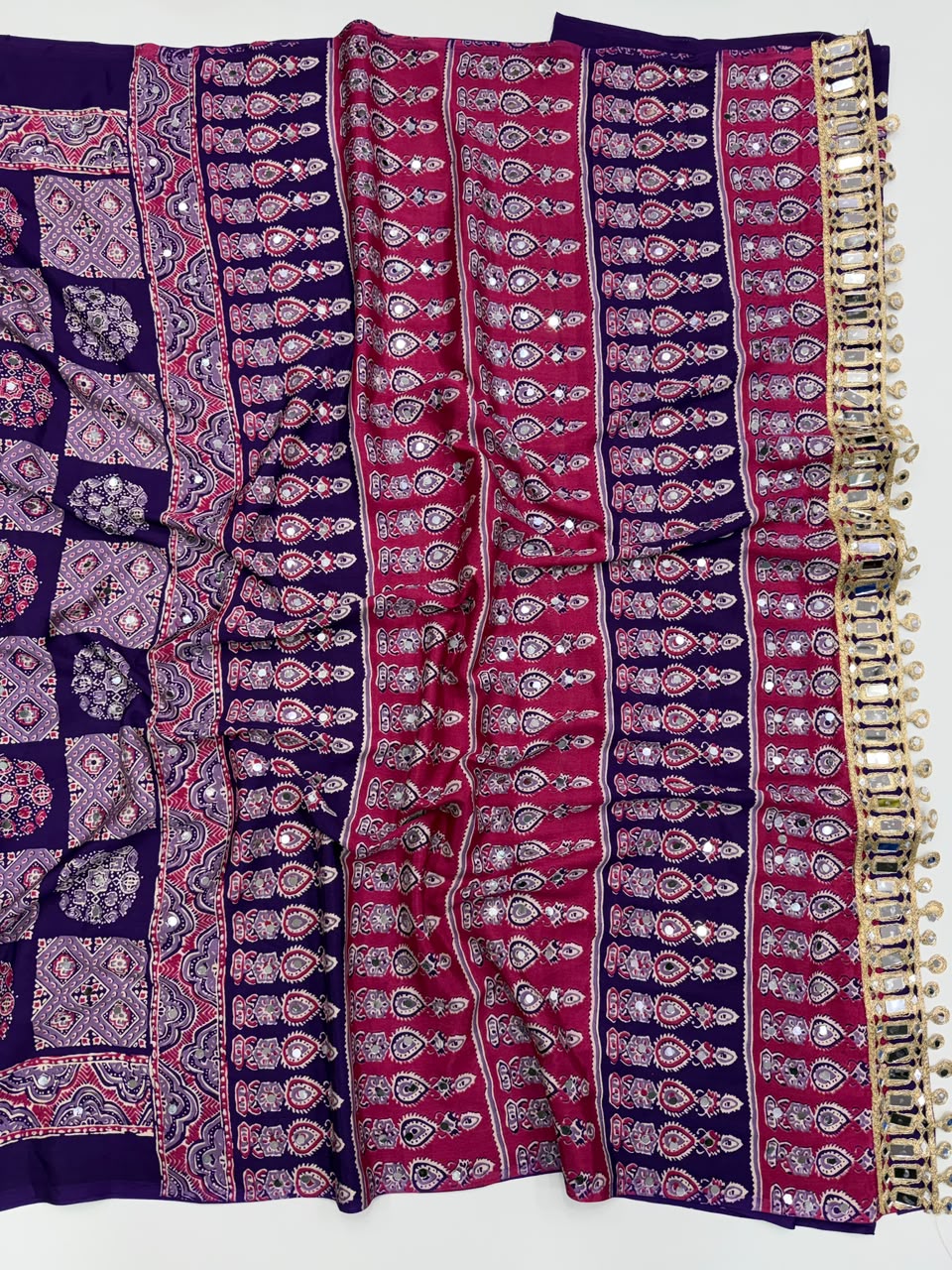 Adorable Function Wear Pure Satin Silk Ajrak Printed Rich Pallu n Mirror Work Saree With Blouse Piece