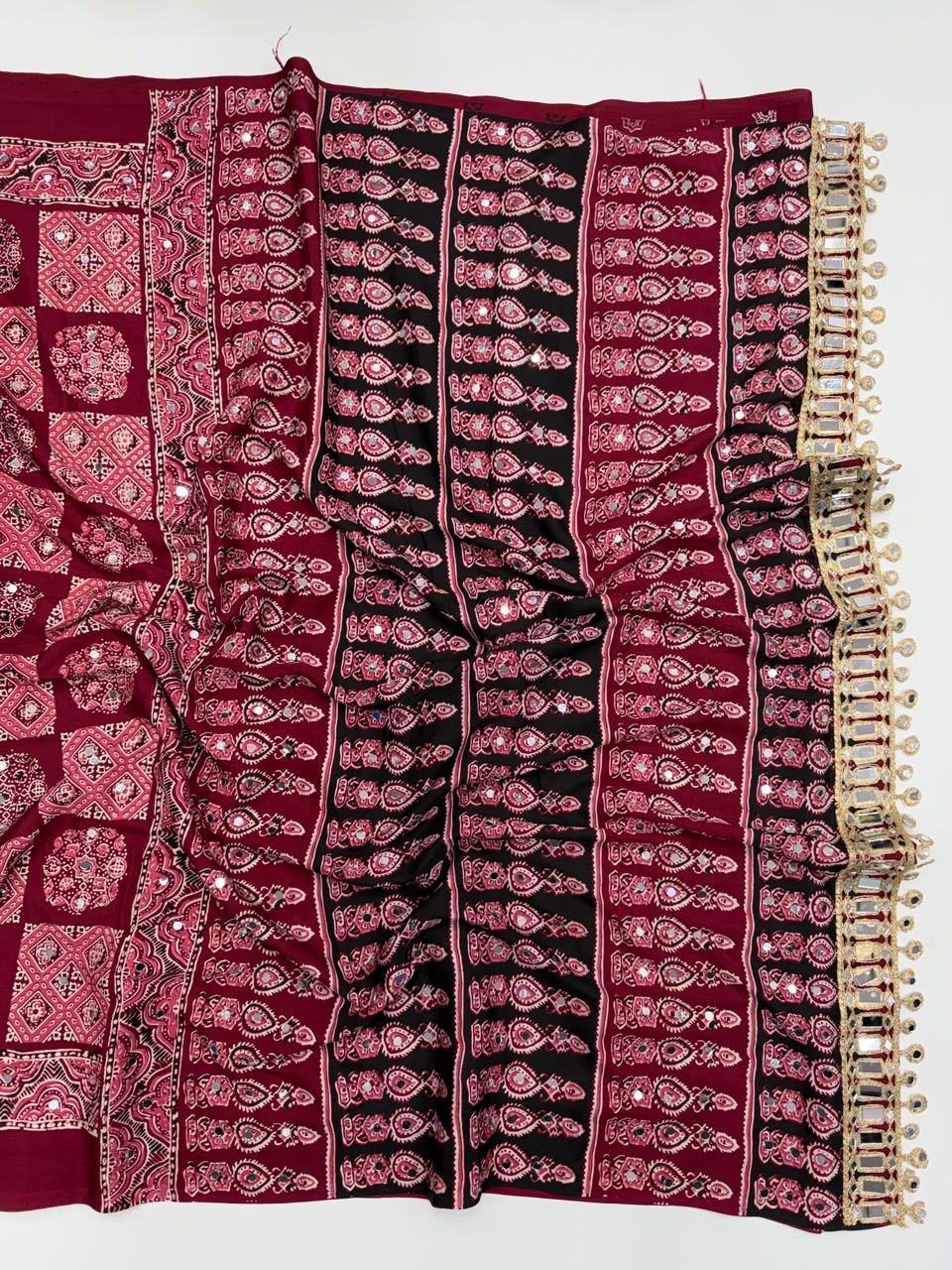 Adorable Function Wear Pure Satin Silk Ajrak Printed Rich Pallu n Mirror Work Saree With Blouse Piece