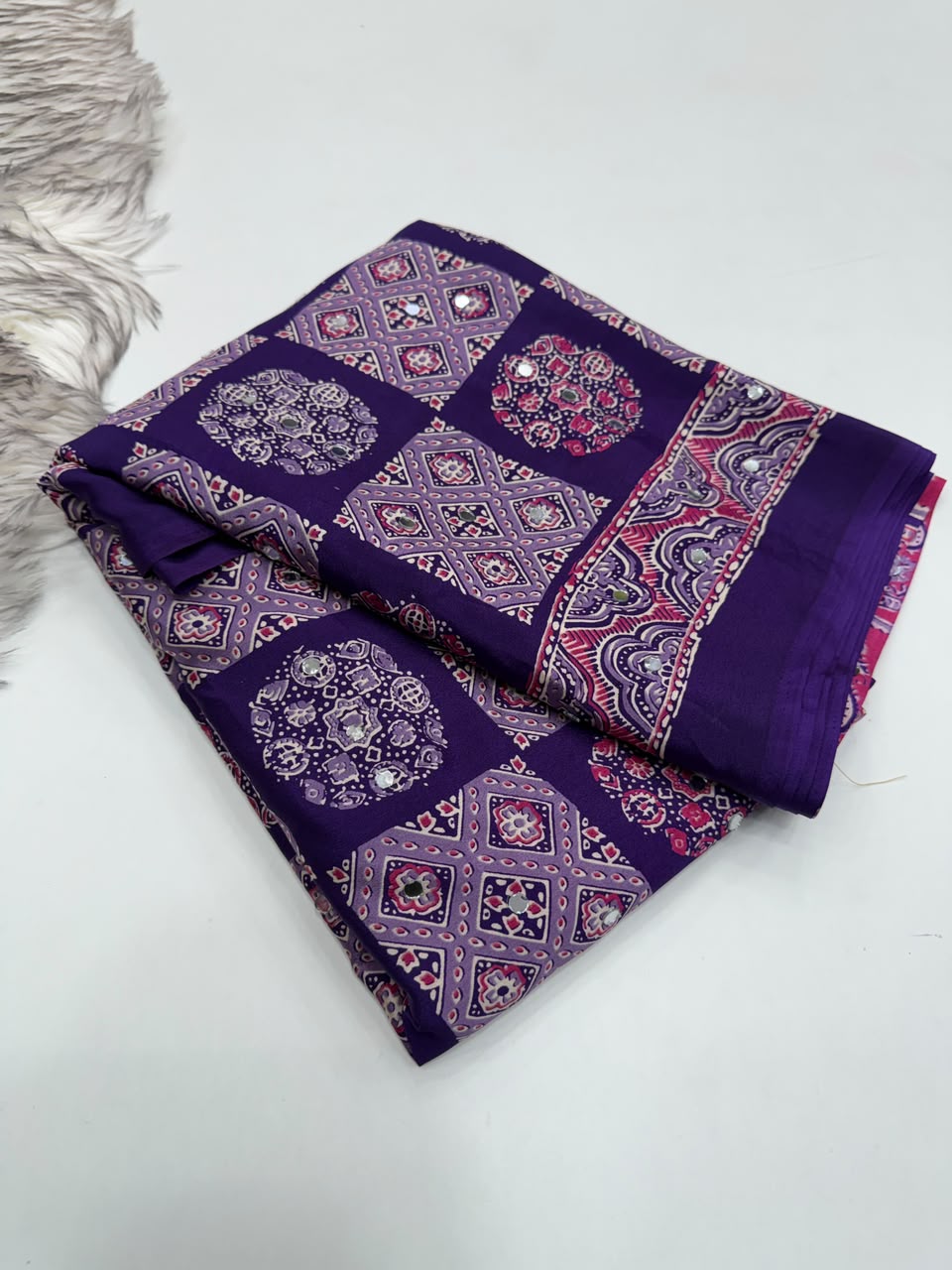 Adorable Function Wear Pure Satin Silk Ajrak Printed Rich Pallu n Mirror Work Saree With Blouse Piece