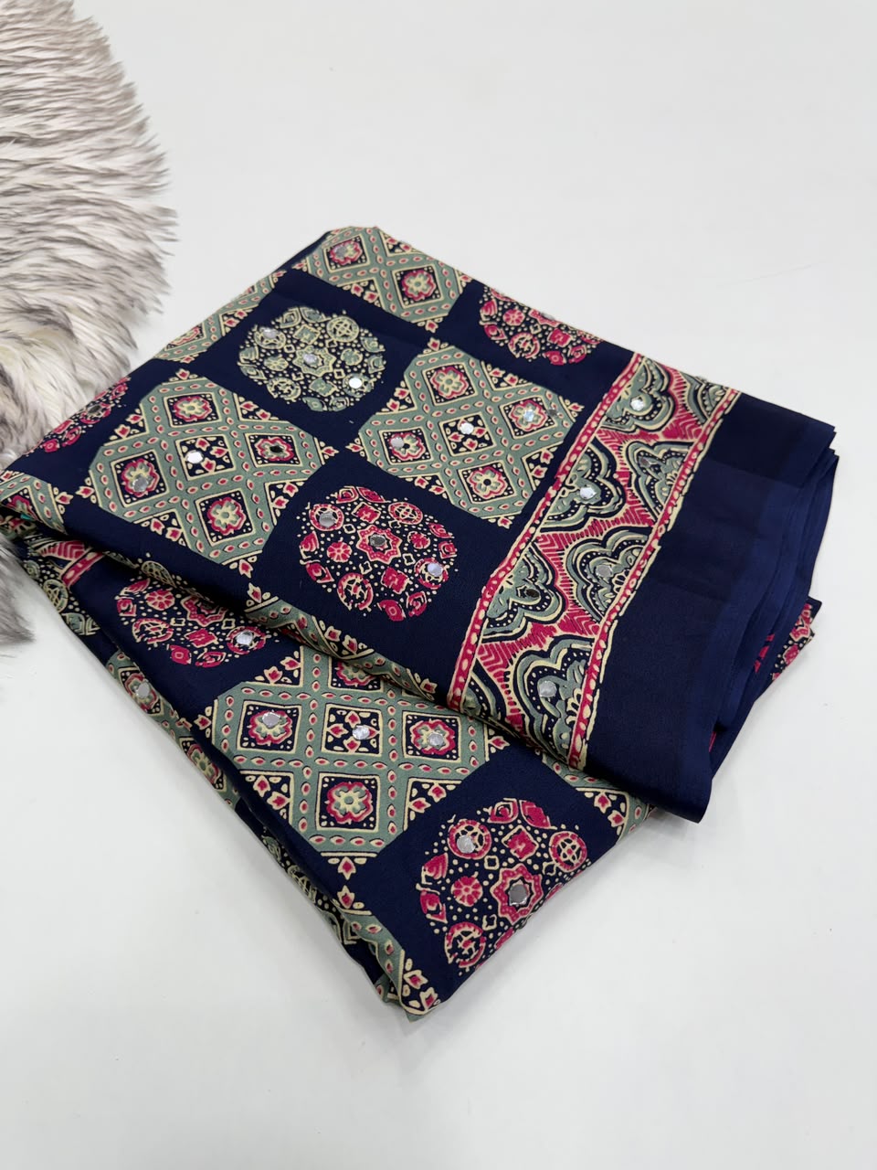 Adorable Function Wear Pure Satin Silk Ajrak Printed Rich Pallu n Mirror Work Saree With Blouse Piece