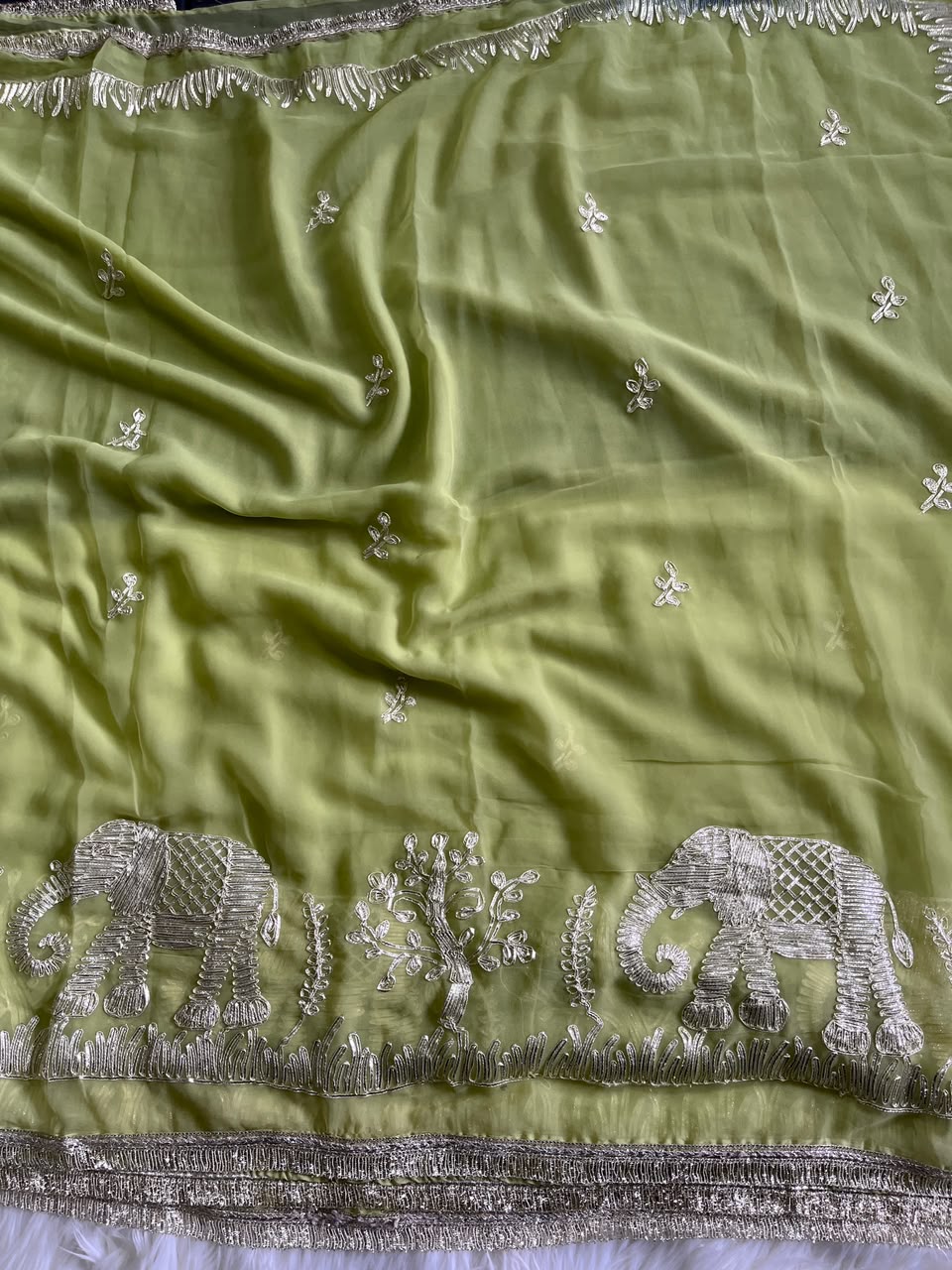 Exuberant Festive Wear Chiffon Silk Embroidery Tussels Work Designer Saree With Blouse Piece
