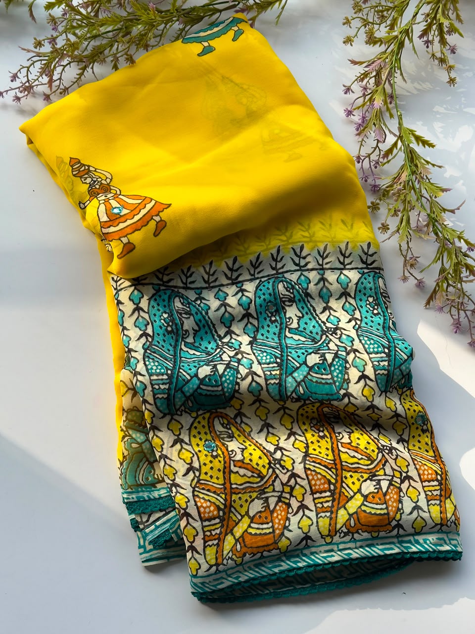 Unequalled Wedding Wear Pure Georgette Kalamkari Print n Mirror Work Designer Saree With Bucolic Blouse Piece