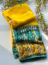 Load image into Gallery viewer, Unequalled Wedding Wear Pure Georgette Kalamkari Print n Mirror Work Designer Saree With Bucolic Blouse Piece
