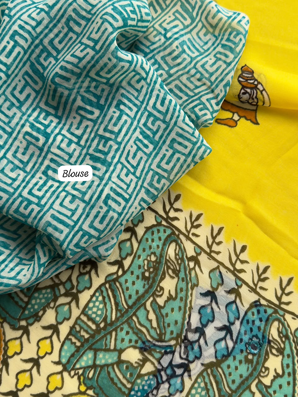 Unequalled Wedding Wear Pure Georgette Kalamkari Print n Mirror Work Designer Saree With Bucolic Blouse Piece