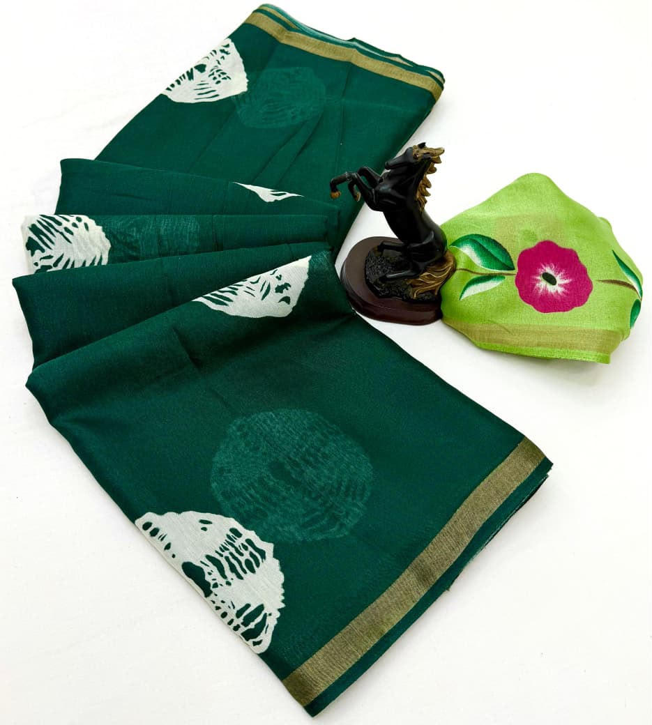 Entrancing Function Wear Soft Silk Floral Print Jacquard Border Rich Pallu Fancy SareeWith Contrast Blouse Piece