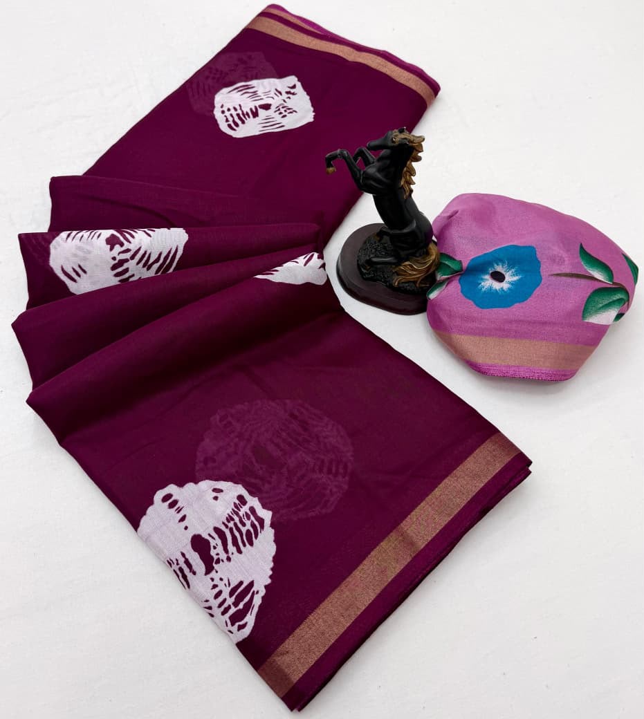 Entrancing Function Wear Soft Silk Floral Print Jacquard Border Rich Pallu Fancy SareeWith Contrast Blouse Piece