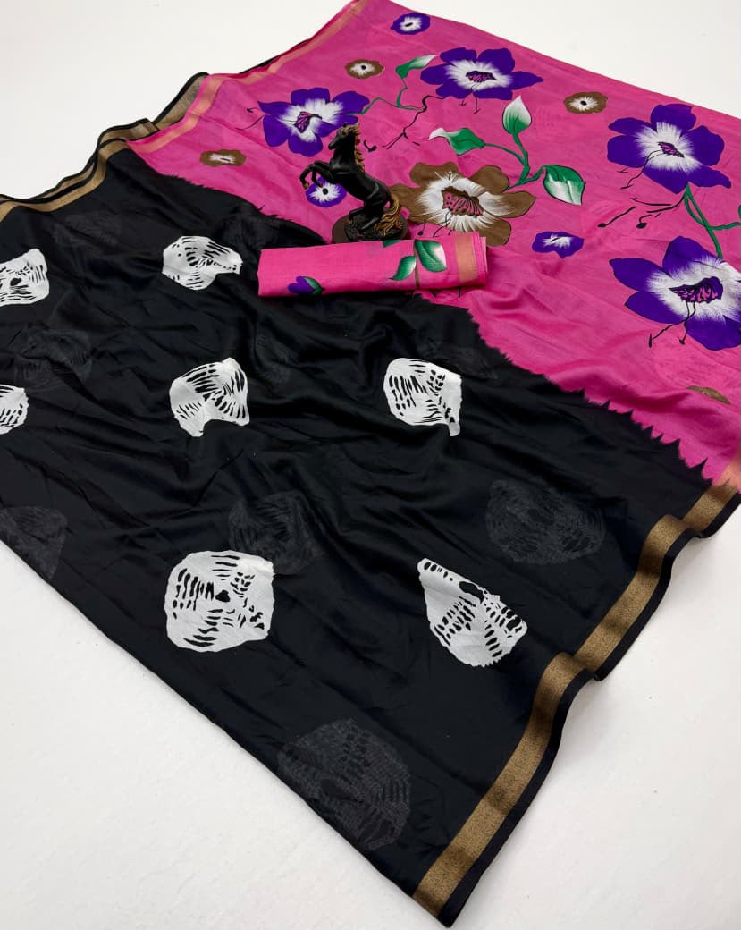 Entrancing Function Wear Soft Silk Floral Print Jacquard Border Rich Pallu Fancy SareeWith Contrast Blouse Piece