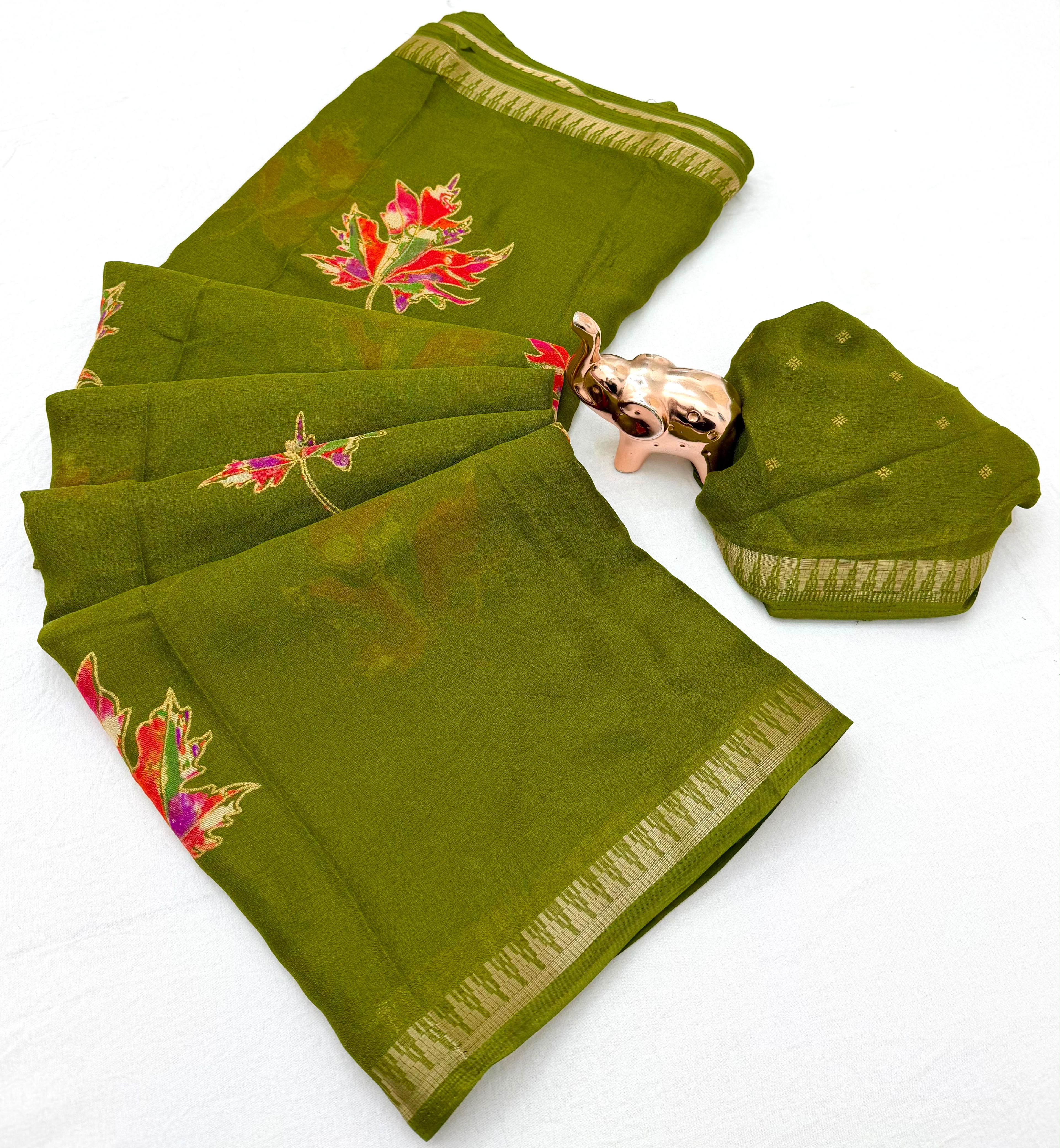 Adorable Function Wear Soft Silk Floral Print Jacquard Border Rich Pallu Fancy Saree With Blouse Piece