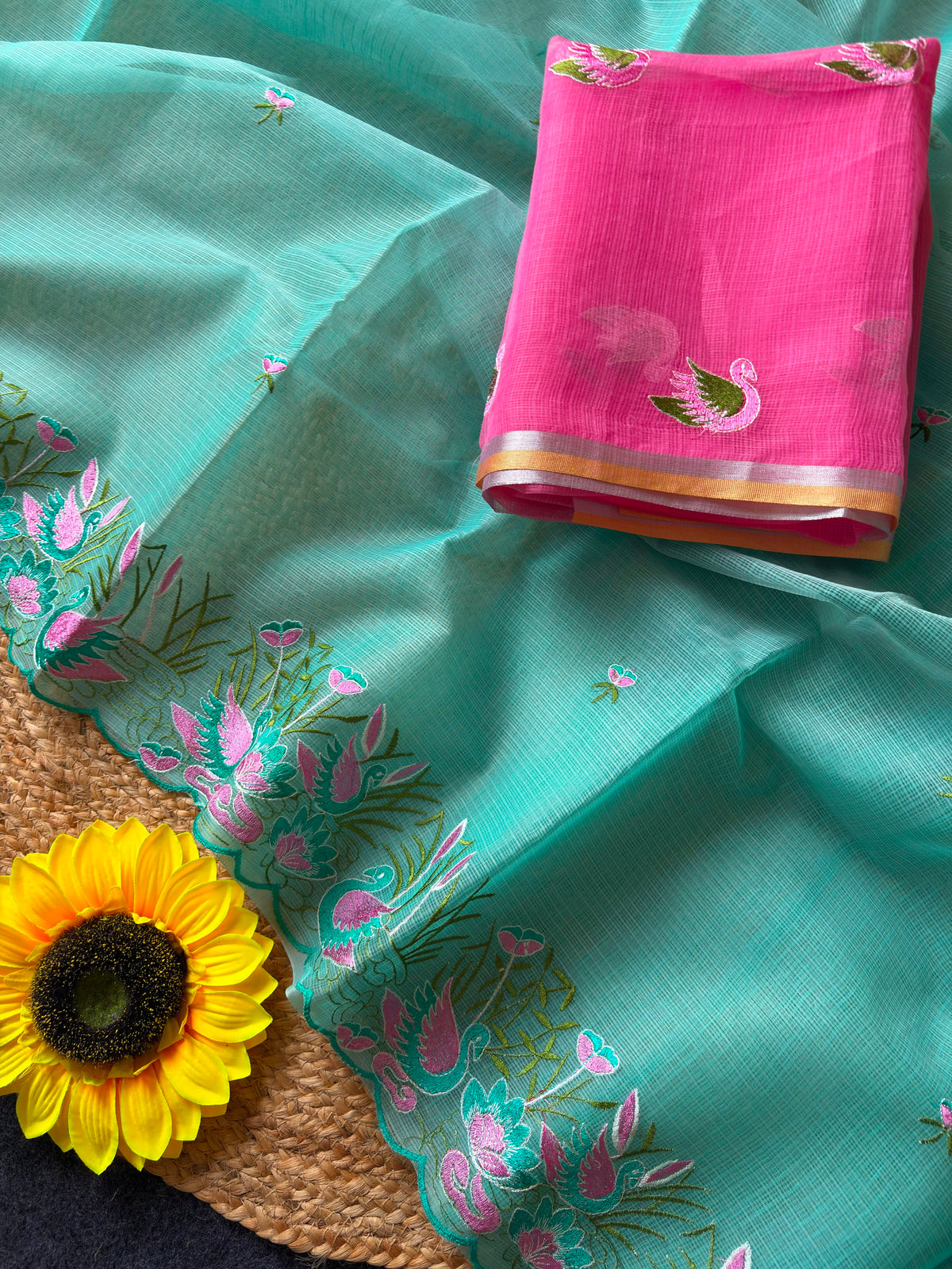 Incredible Party Wear Soft Kota Doriya Embroidery Thread n Cut Work Fancy Saree With Contrast Blouse Piece