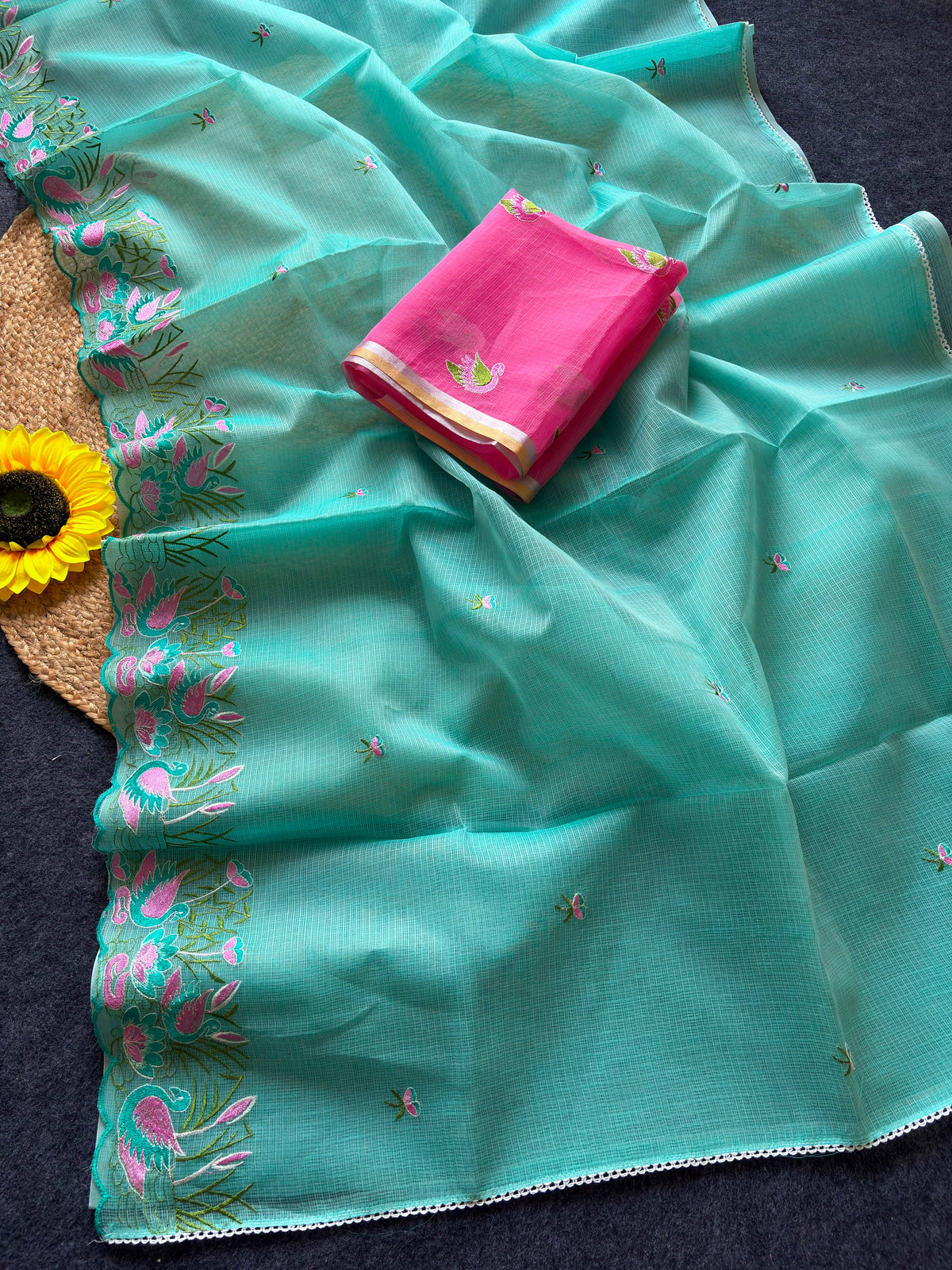 Incredible Party Wear Soft Kota Doriya Embroidery Thread n Cut Work Fancy Saree With Contrast Blouse Piece