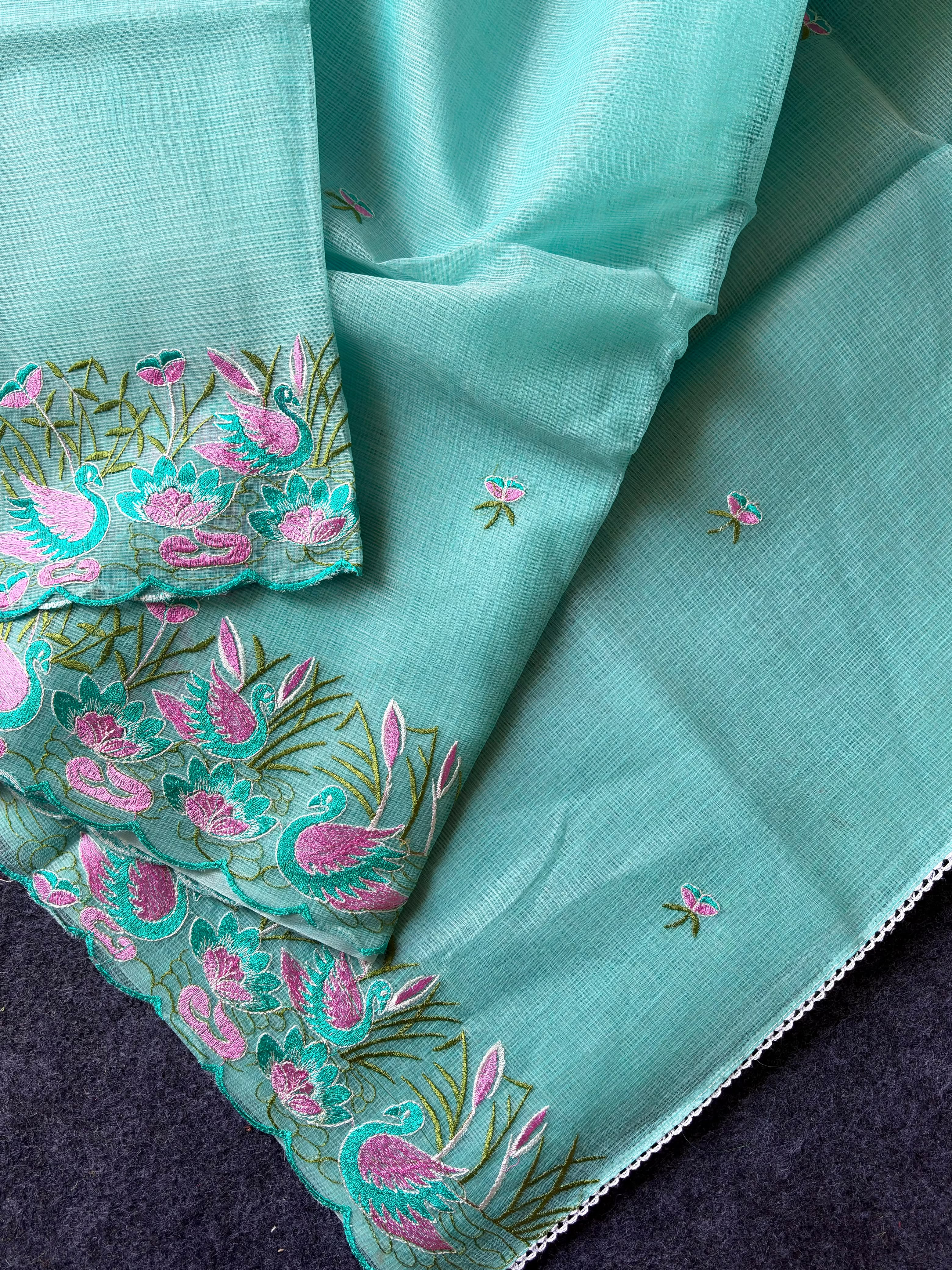 Incredible Party Wear Soft Kota Doriya Embroidery Thread n Cut Work Fancy Saree With Contrast Blouse Piece