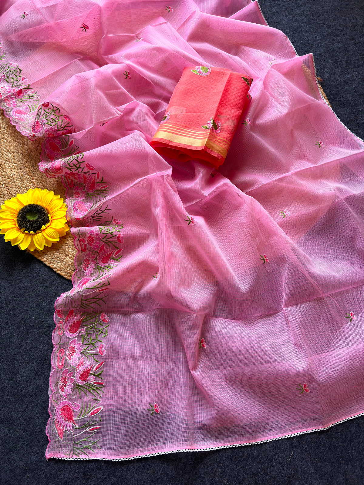Incredible Party Wear Soft Kota Doriya Embroidery Thread n Cut Work Fancy Saree With Contrast Blouse Piece