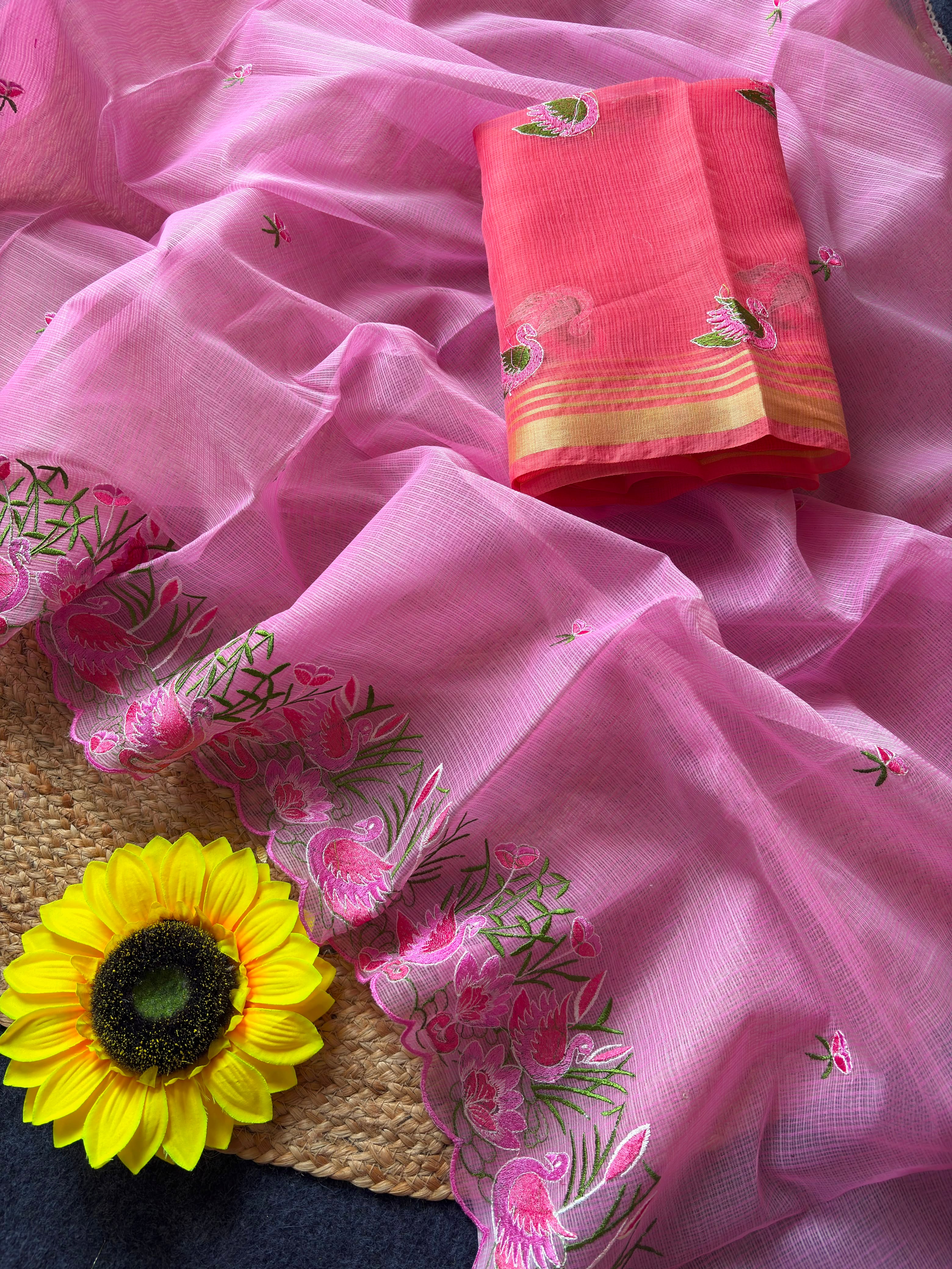 Incredible Party Wear Soft Kota Doriya Embroidery Thread n Cut Work Fancy Saree With Contrast Blouse Piece