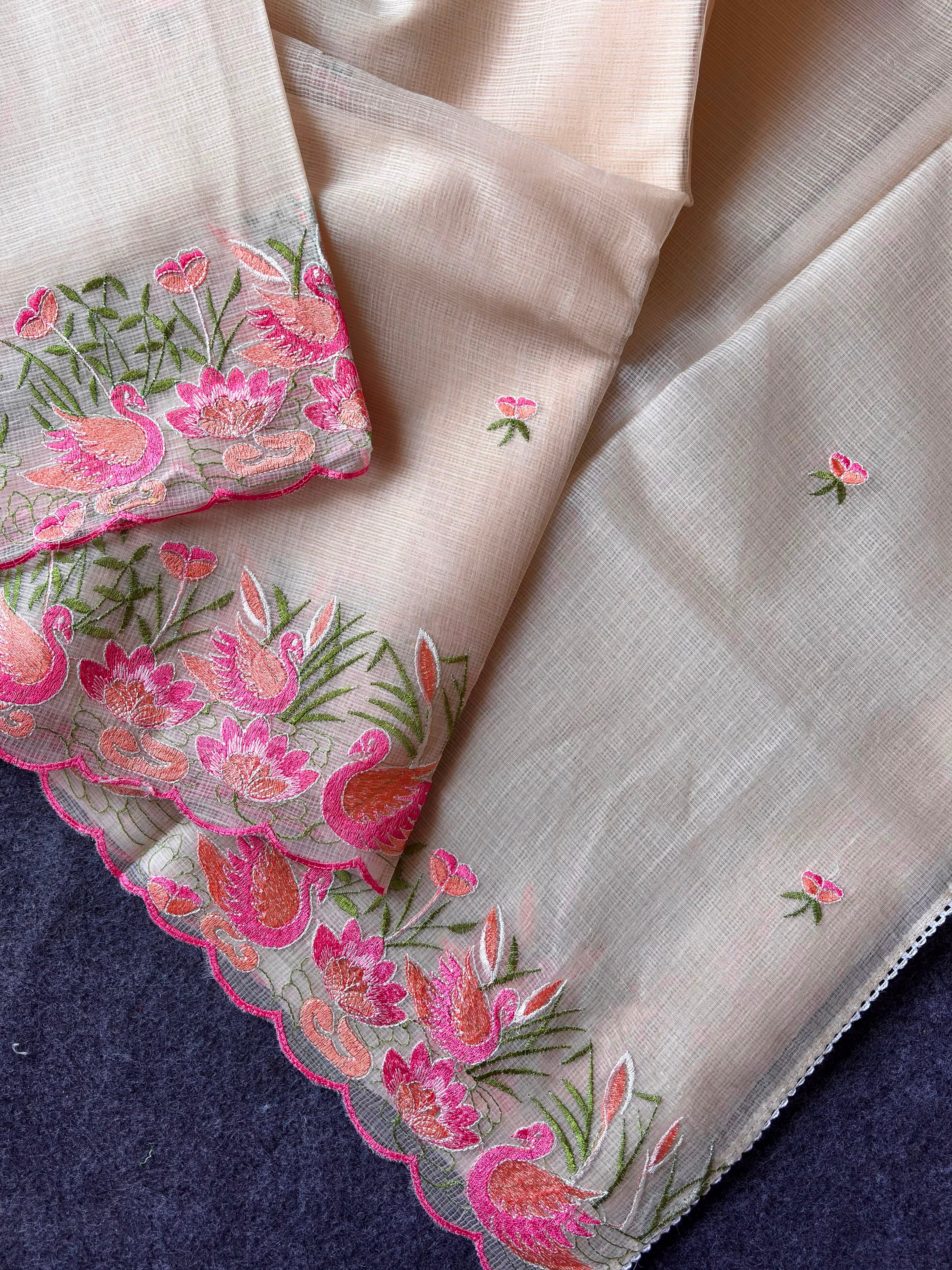 Incredible Party Wear Soft Kota Doriya Embroidery Thread n Cut Work Fancy Saree With Contrast Blouse Piece