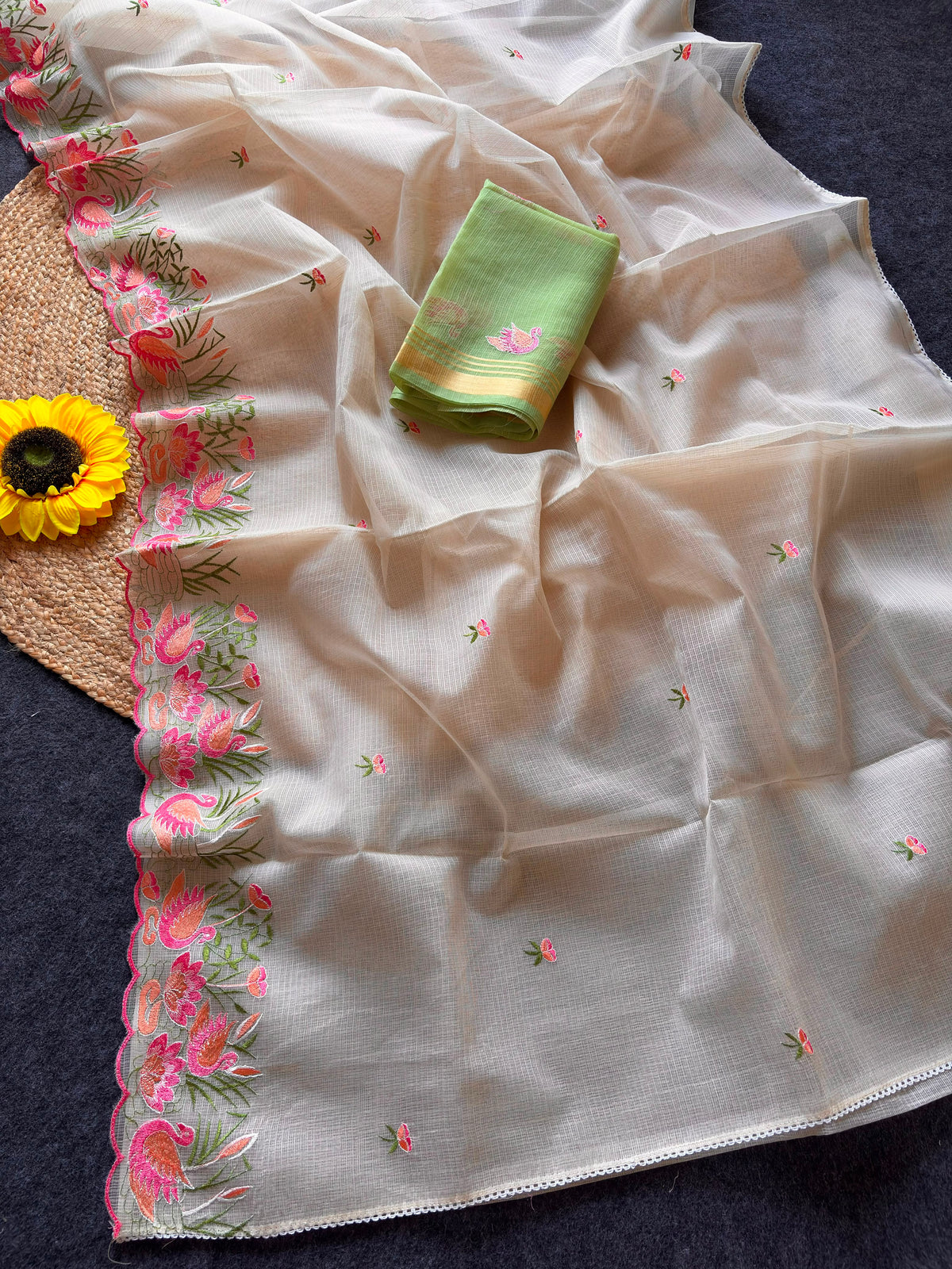 Incredible Party Wear Soft Kota Doriya Embroidery Thread n Cut Work Fancy Saree With Contrast Blouse Piece