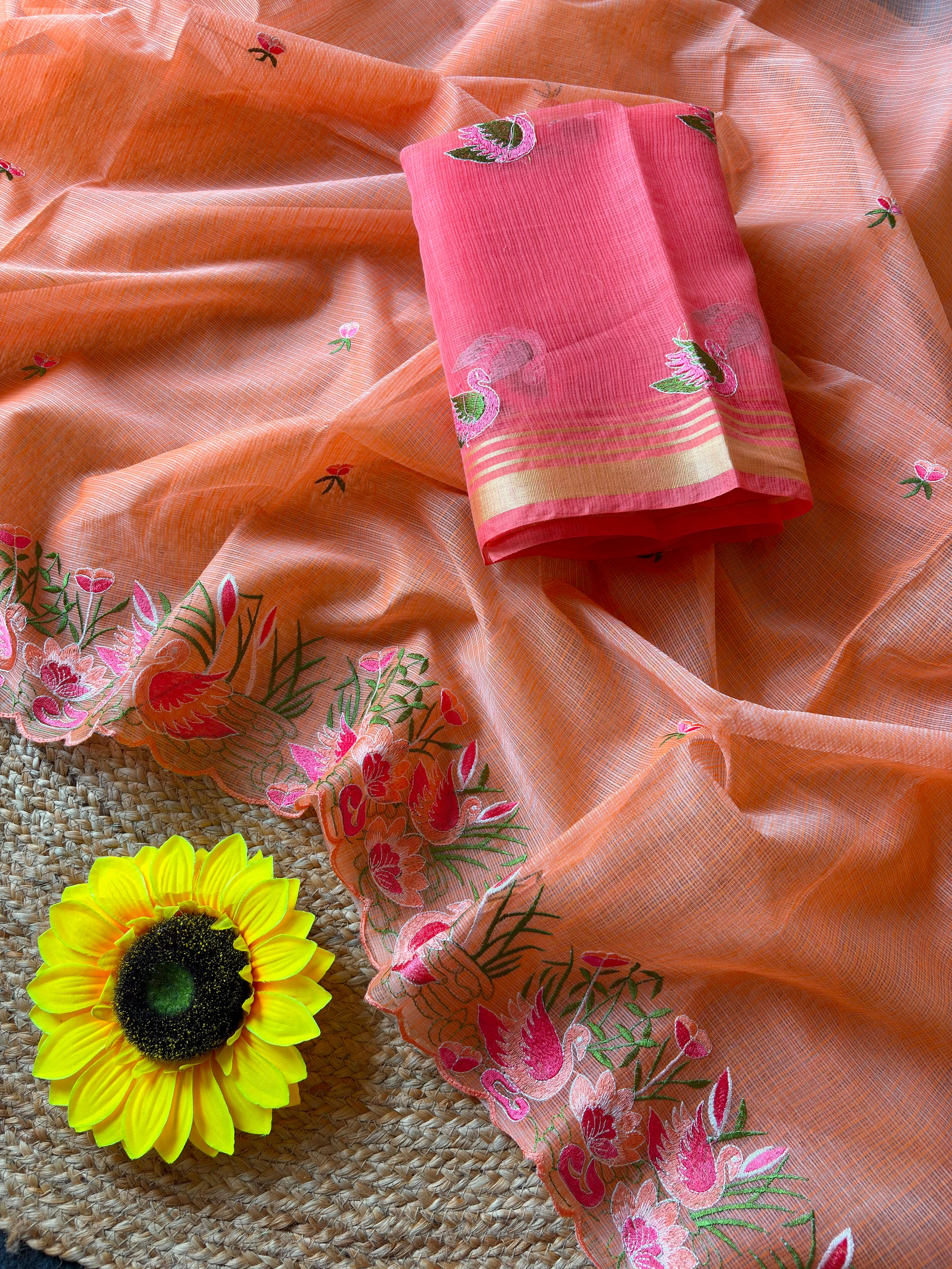 Incredible Party Wear Soft Kota Doriya Embroidery Thread n Cut Work Fancy Saree With Contrast Blouse Piece