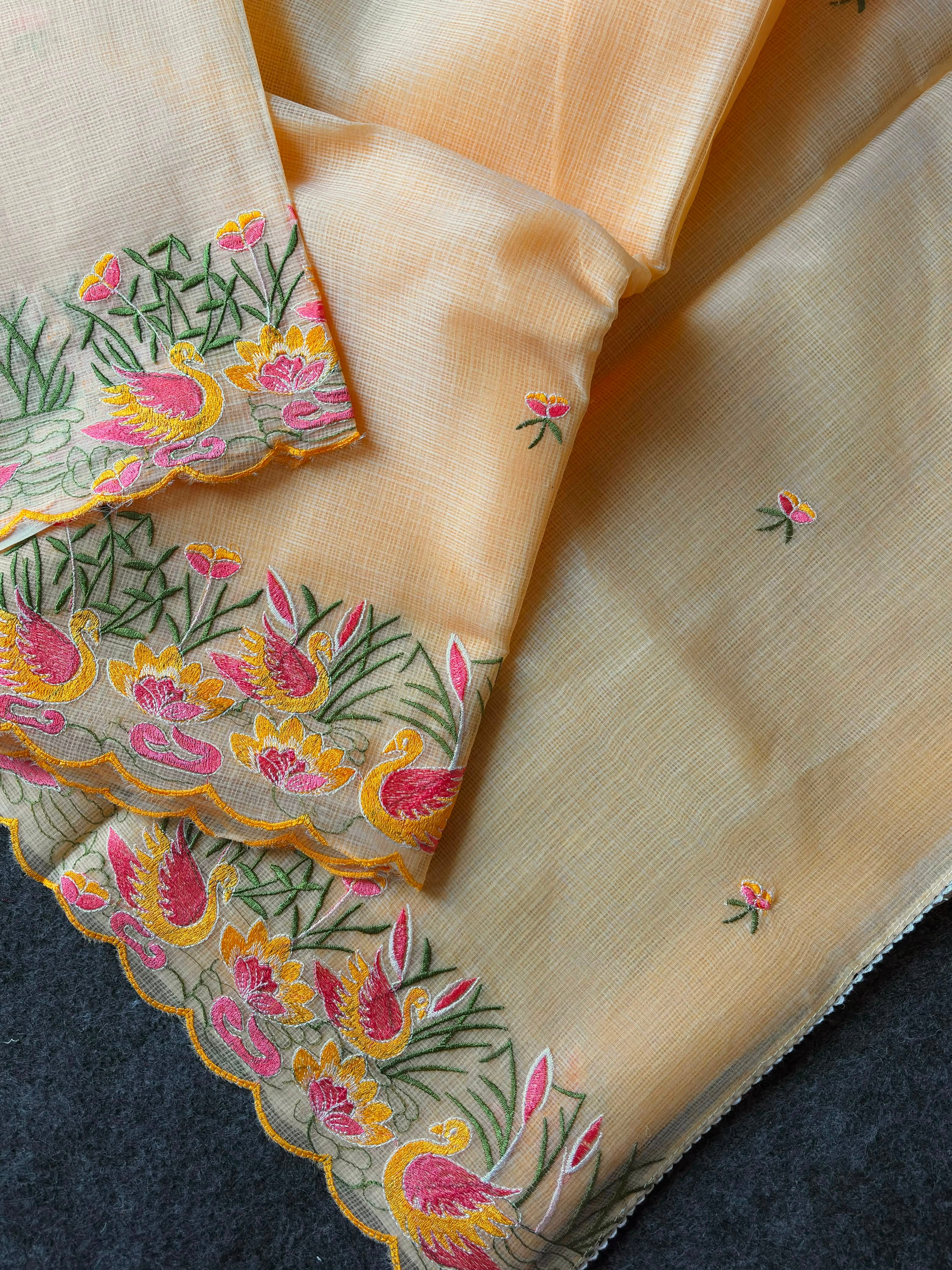 Incredible Party Wear Soft Kota Doriya Embroidery Thread n Cut Work Fancy Saree With Contrast Blouse Piece