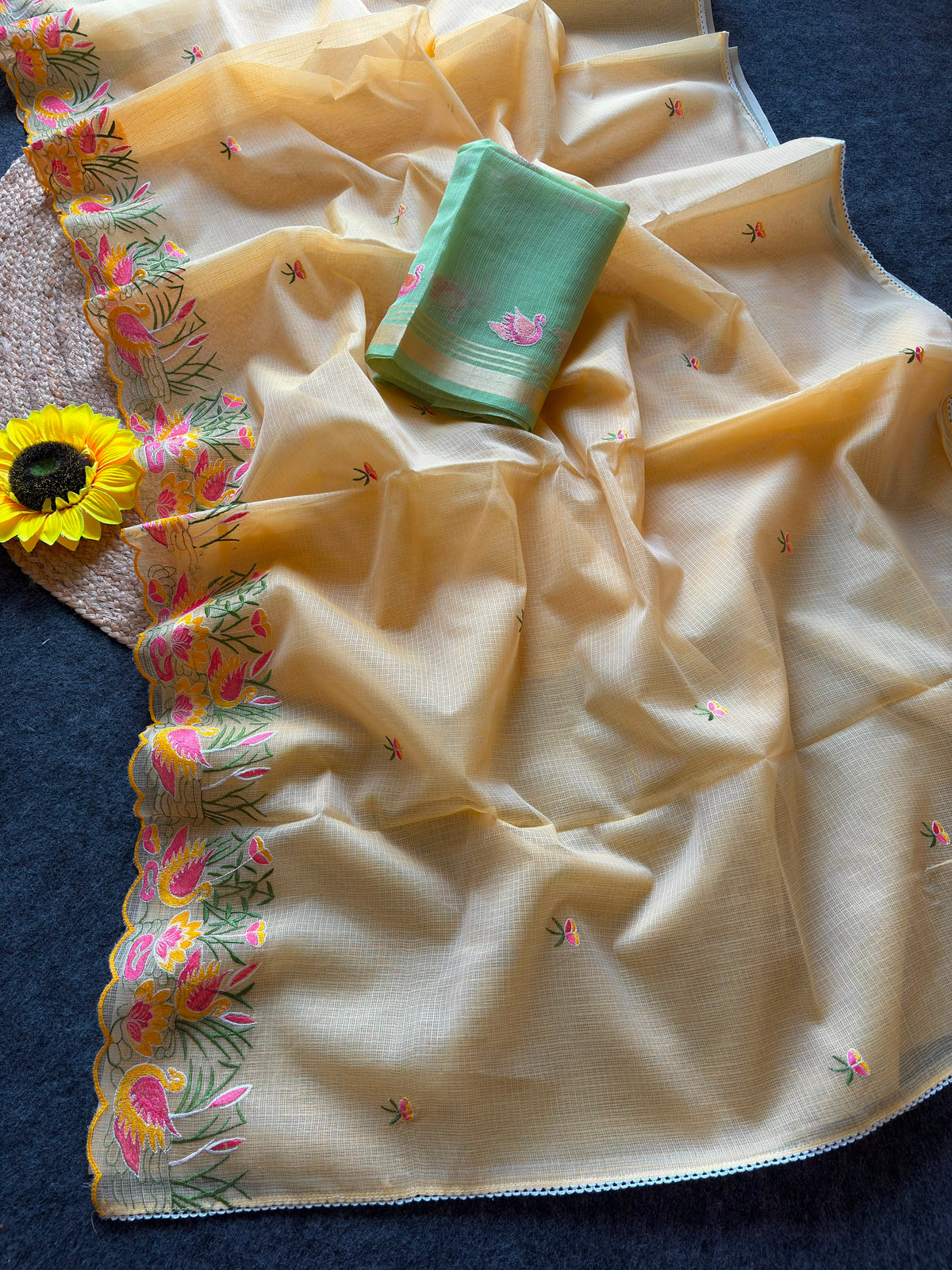Incredible Party Wear Soft Kota Doriya Embroidery Thread n Cut Work Fancy Saree With Contrast Blouse Piece