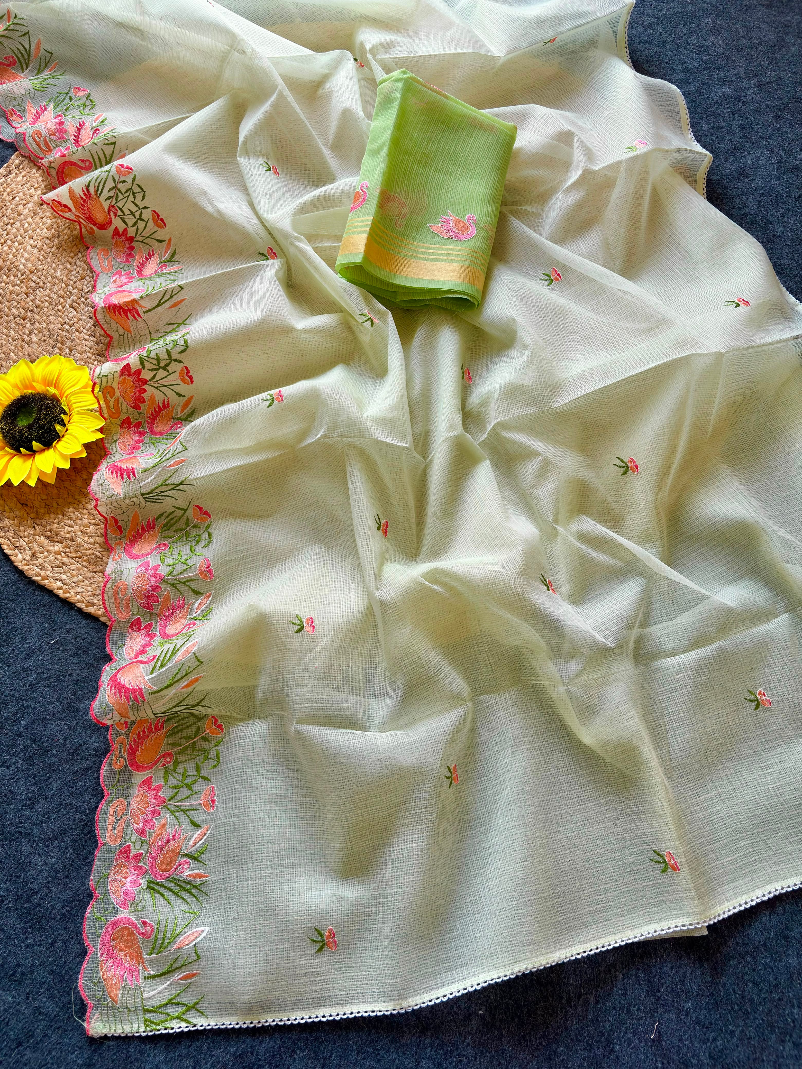 Incredible Party Wear Soft Kota Doriya Embroidery Thread n Cut Work Fancy Saree With Contrast Blouse Piece